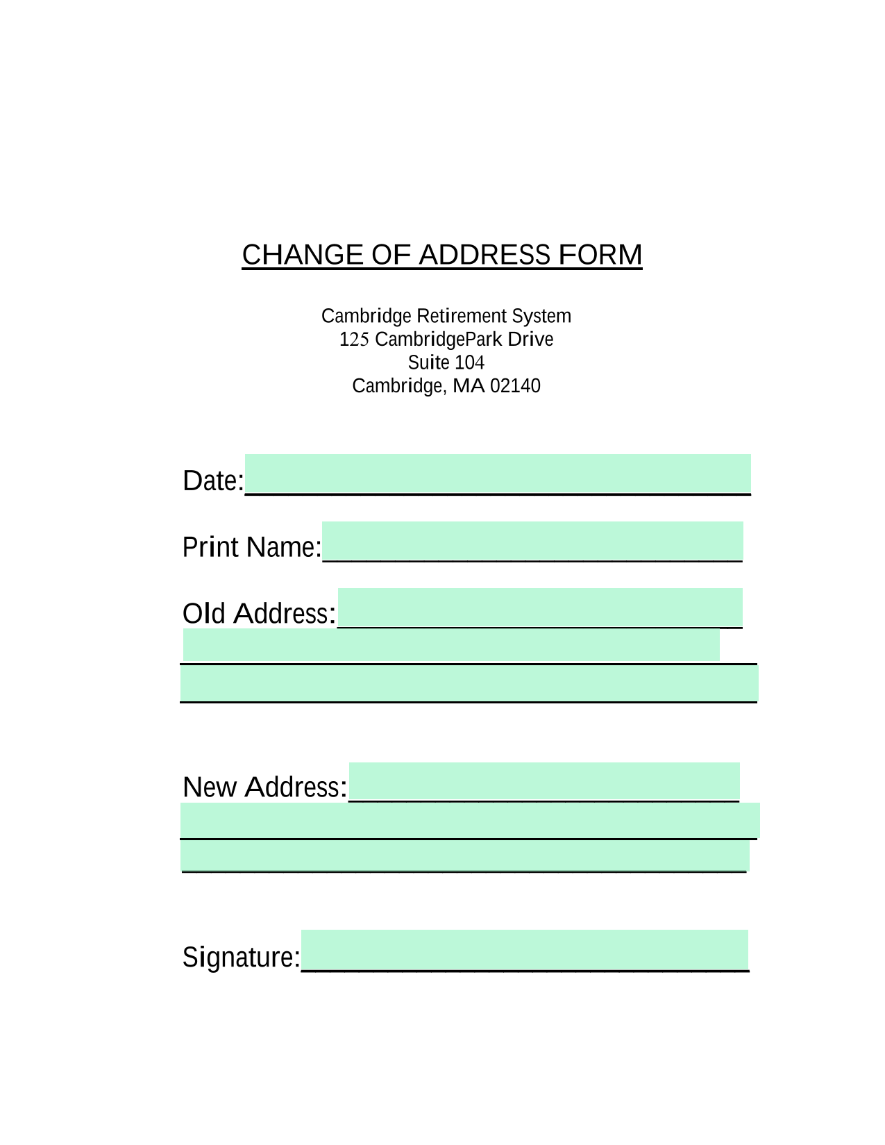 Change Of Address Form screenshot
