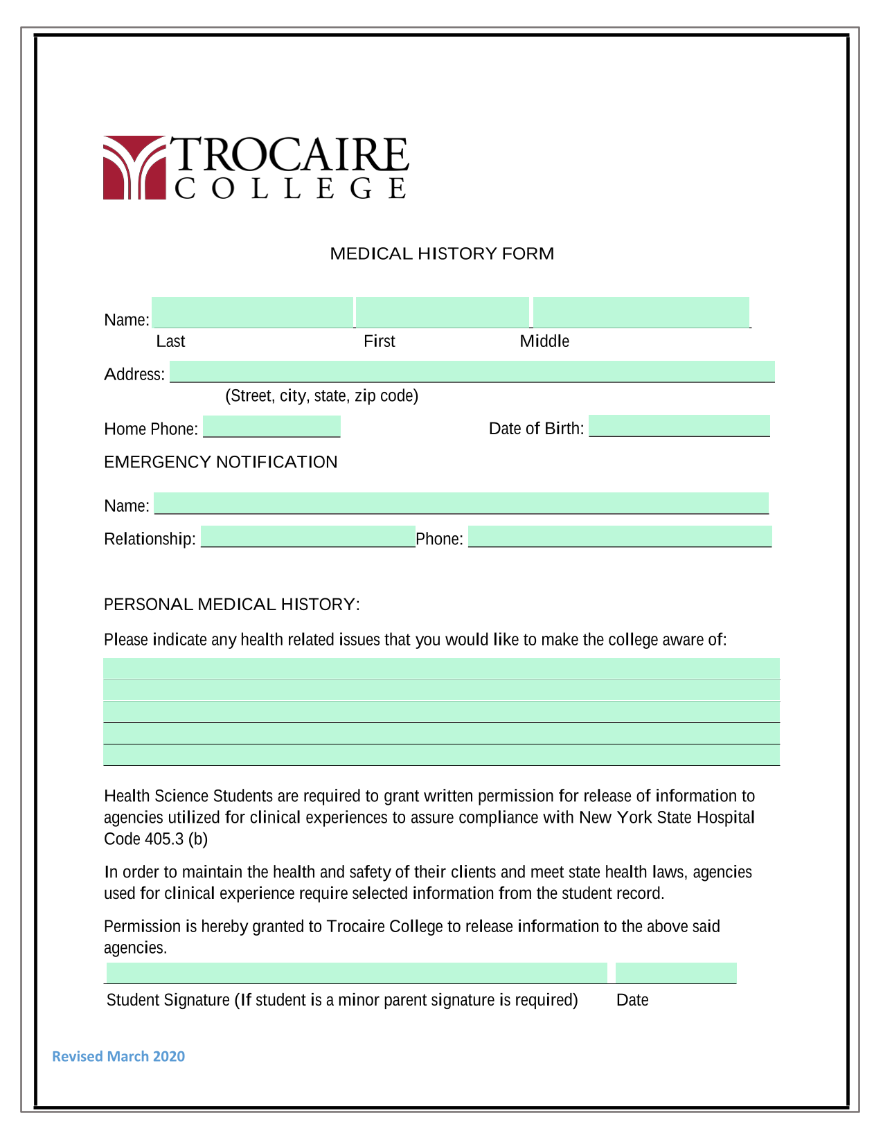 MEDICAL HISTORY FORM screenshot