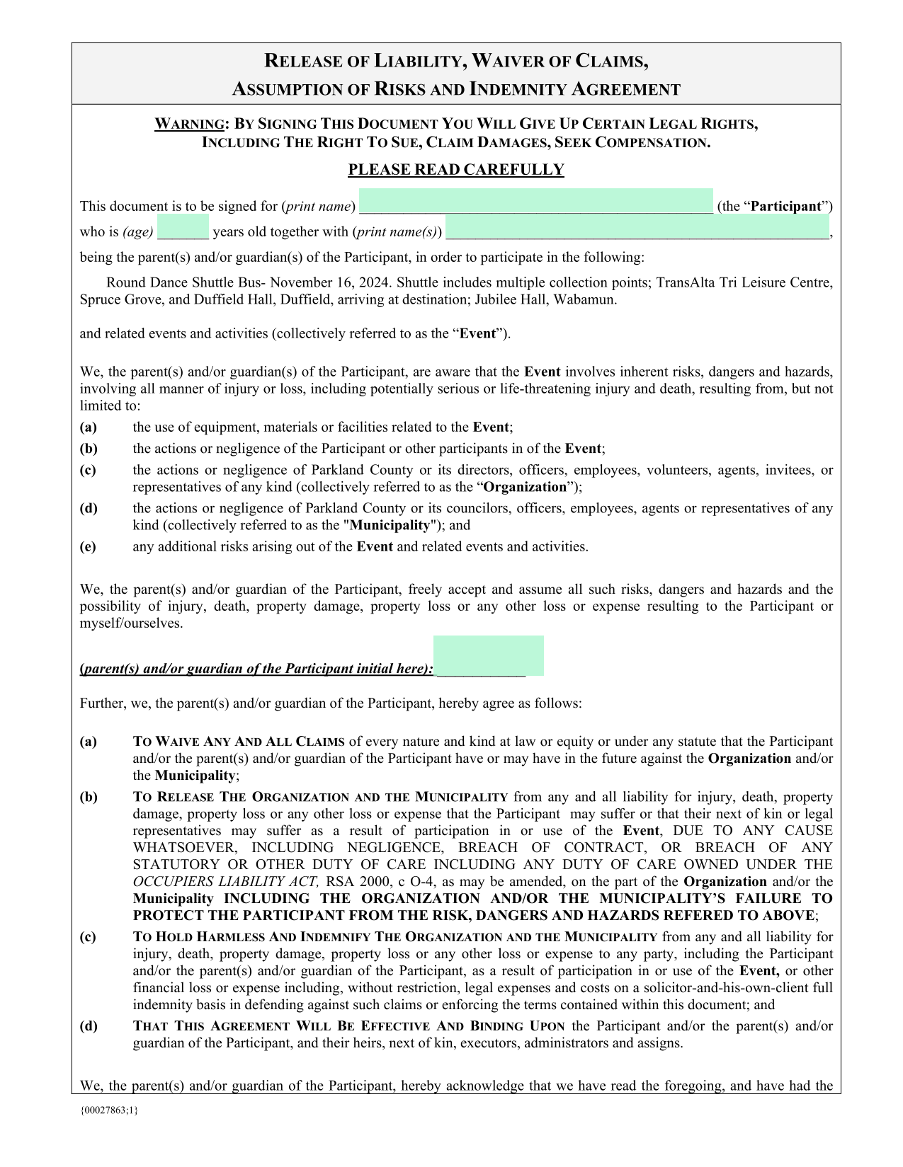 Release Of Liability, Waiver Of Claims, Assumption Of Risks And Indemnity Agreement screenshot