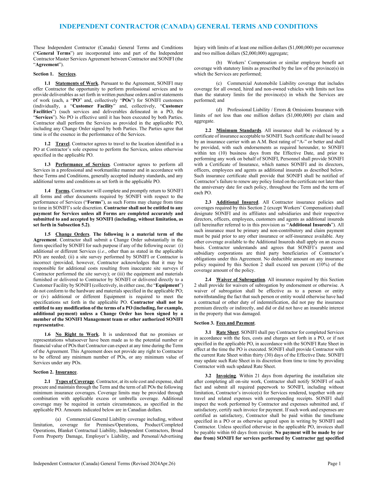 Independent Contractor (Canada) General Terms And Conditions screenshot