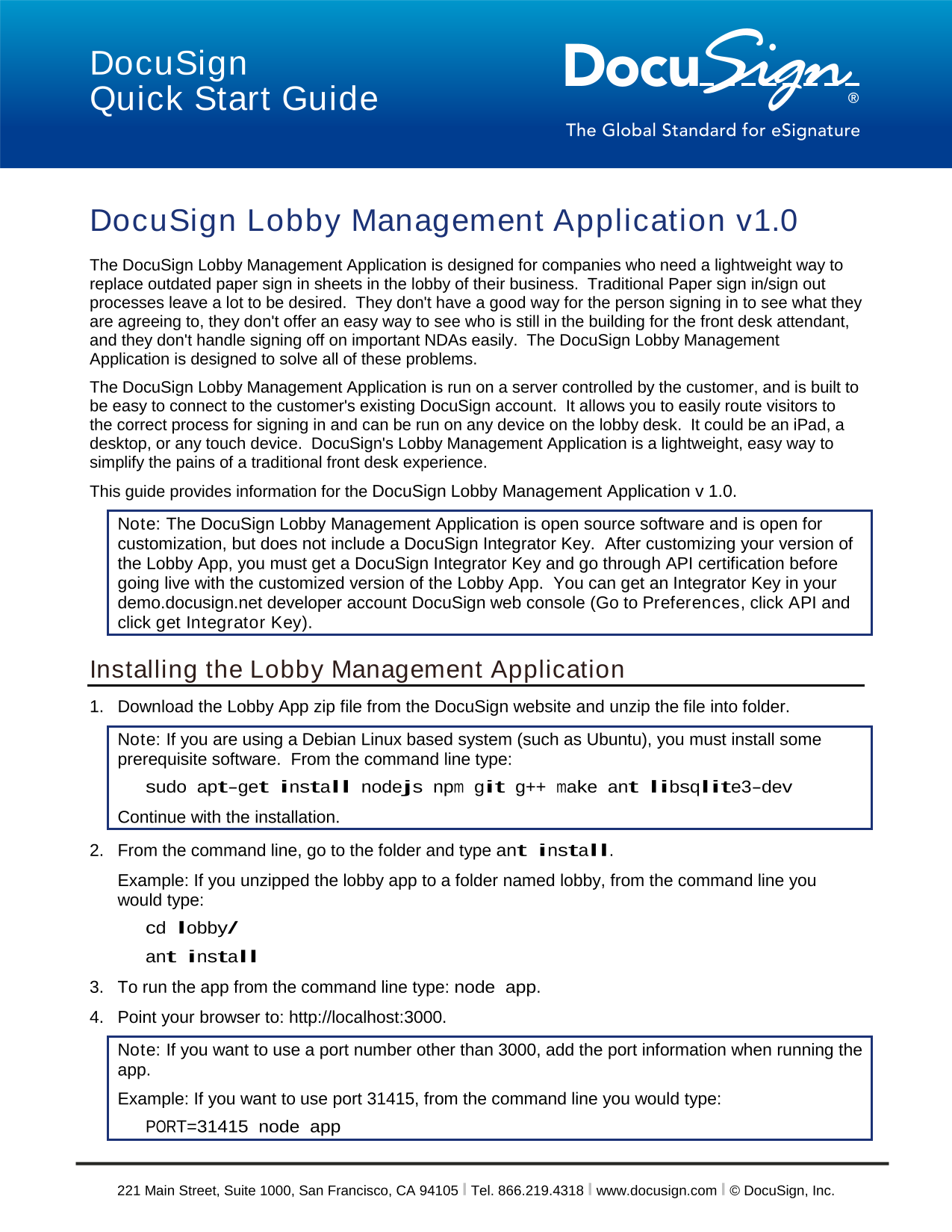 DocuSign Lobby Management Application Quick Start Guide screenshot
