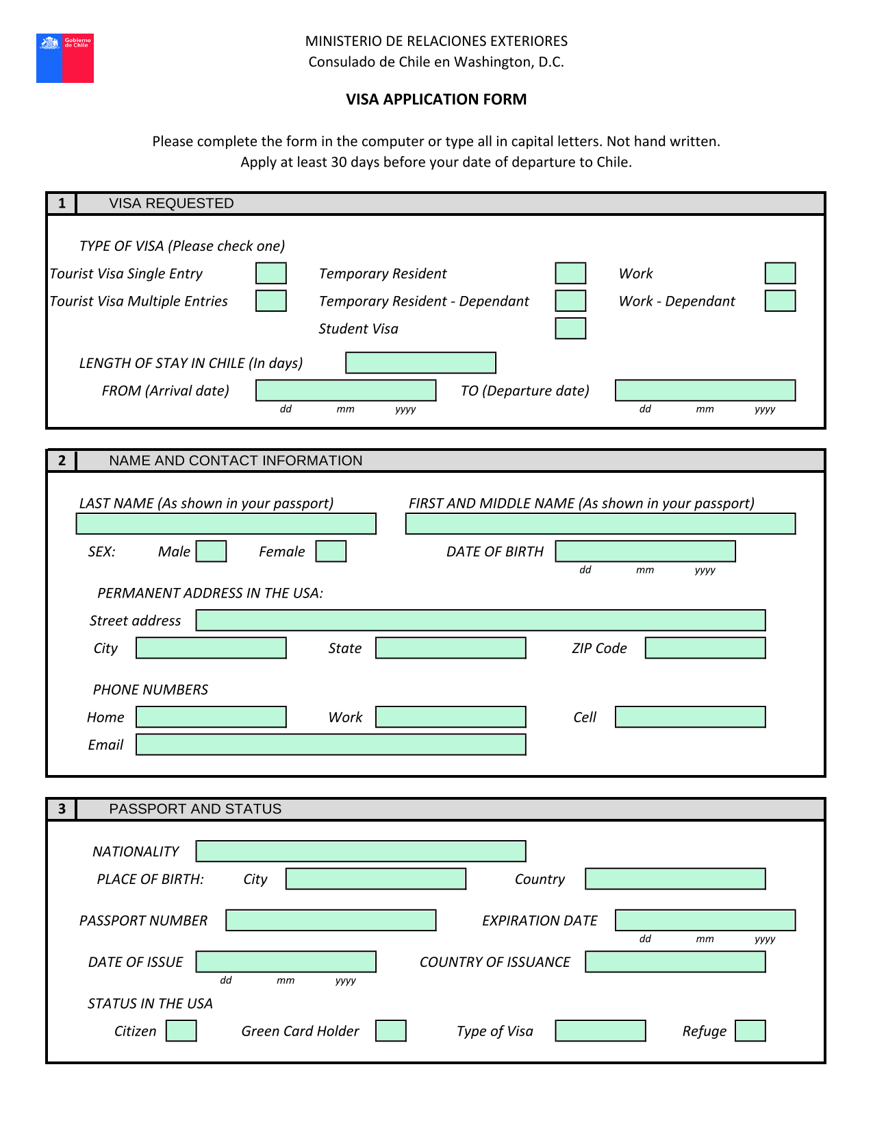 VISA APPLICATION FORM screenshot