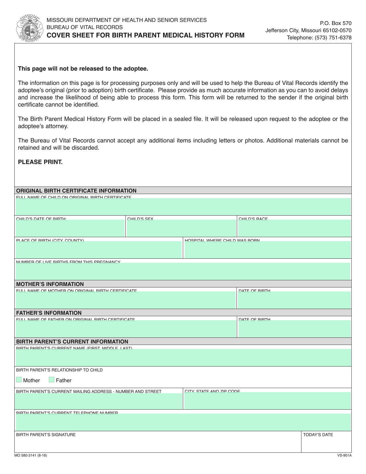 Cover Sheet For Birth Parent Medical History Form screenshot