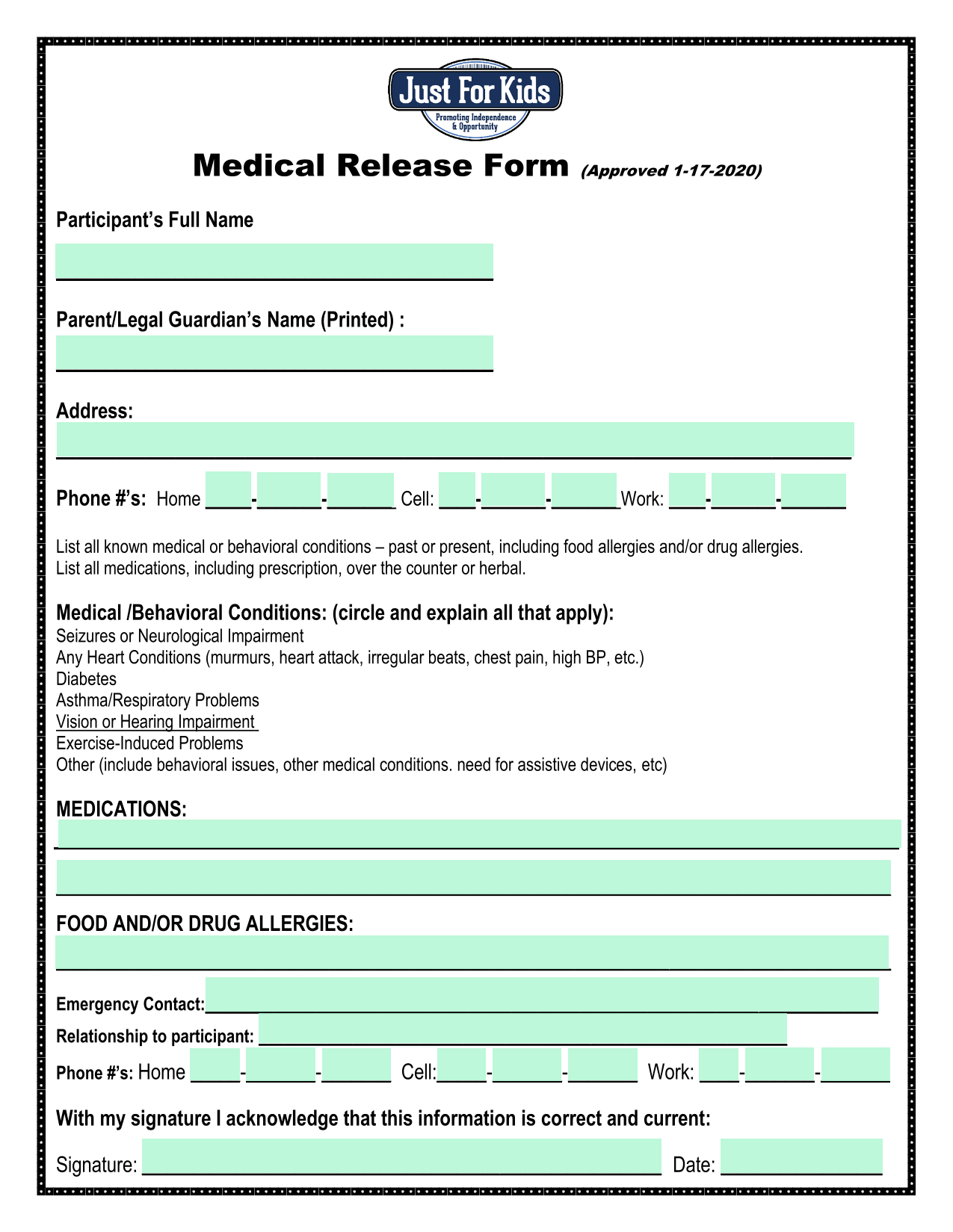 Medical Release Form screenshot