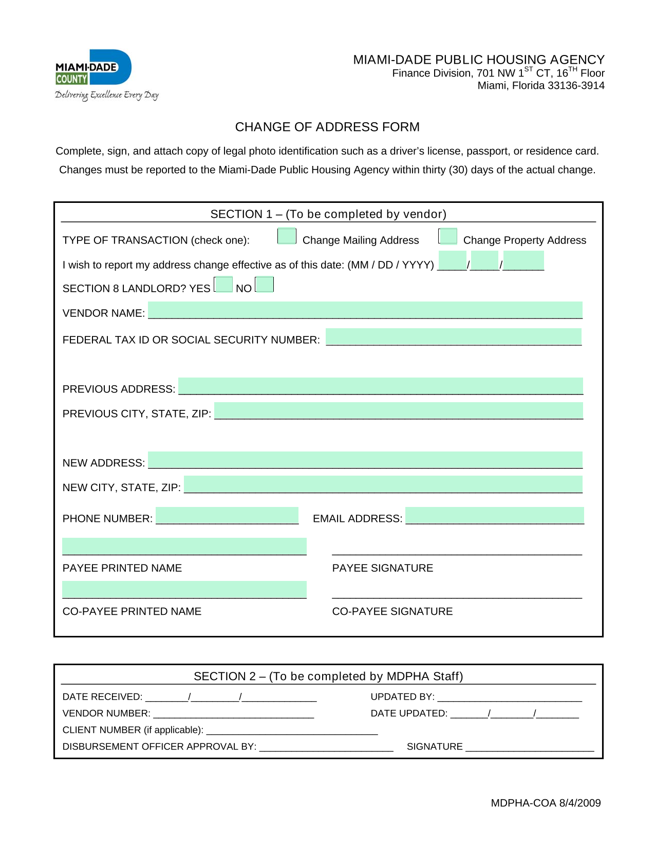 Change Of Address Form screenshot