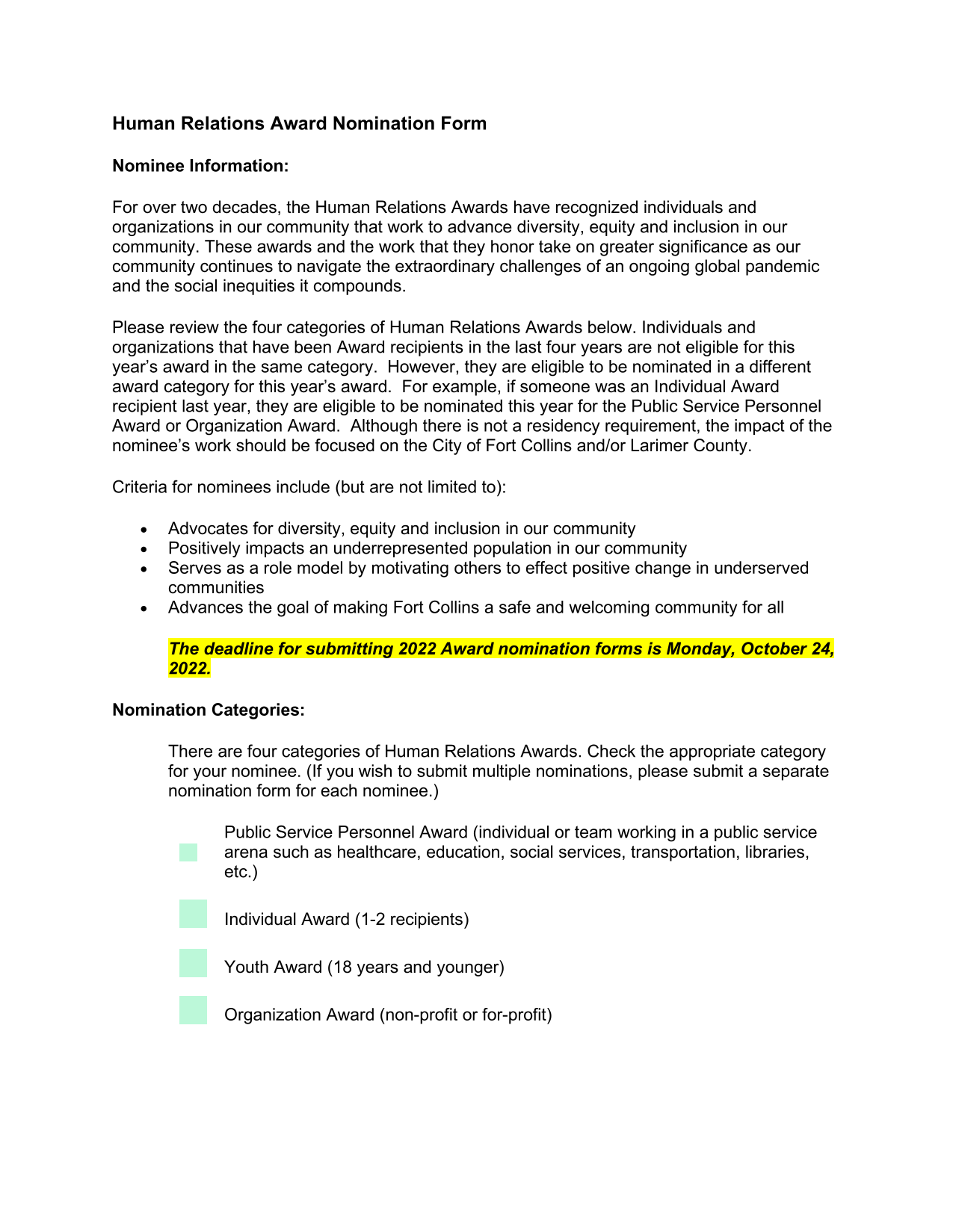 Human Relations Award Nomination Form screenshot