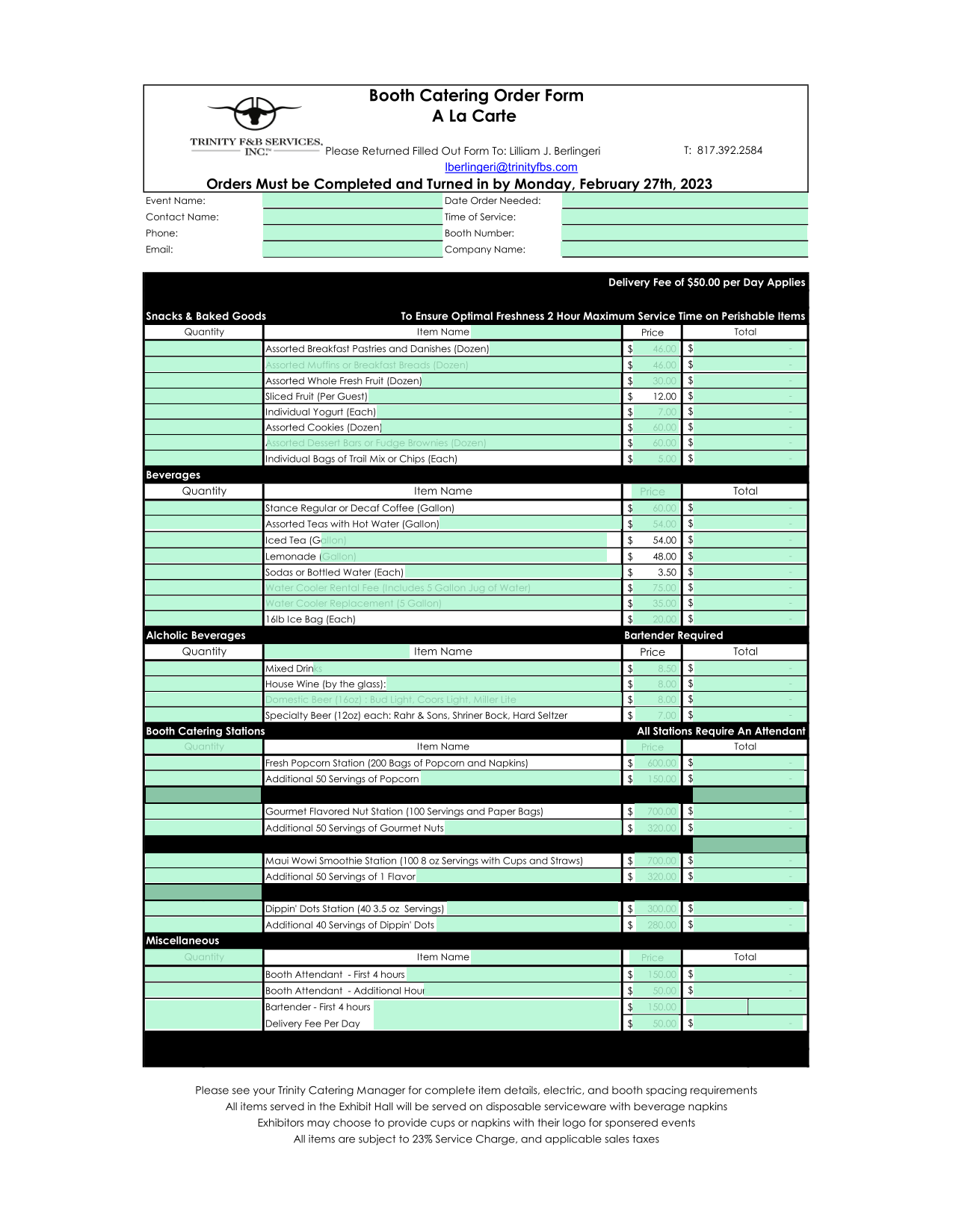 Catering Order Form screenshot