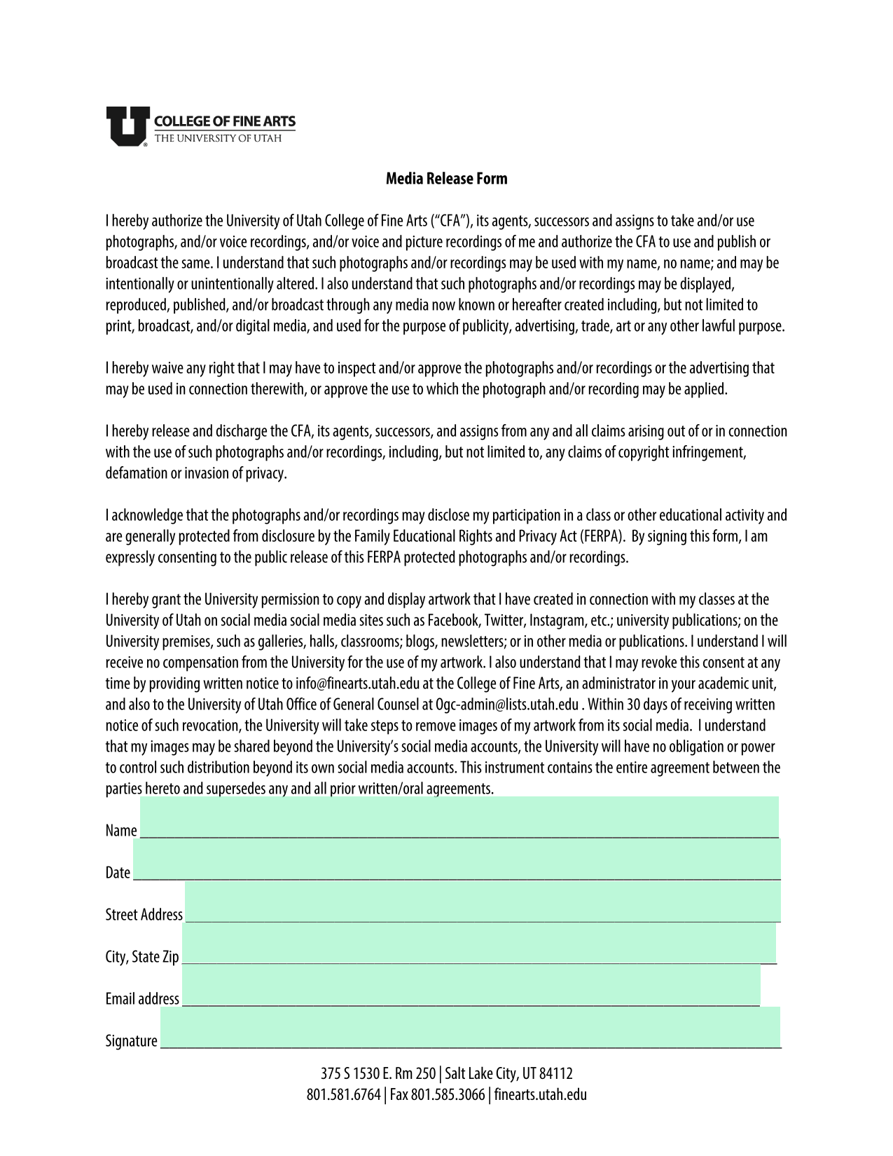 Media Release Form screenshot