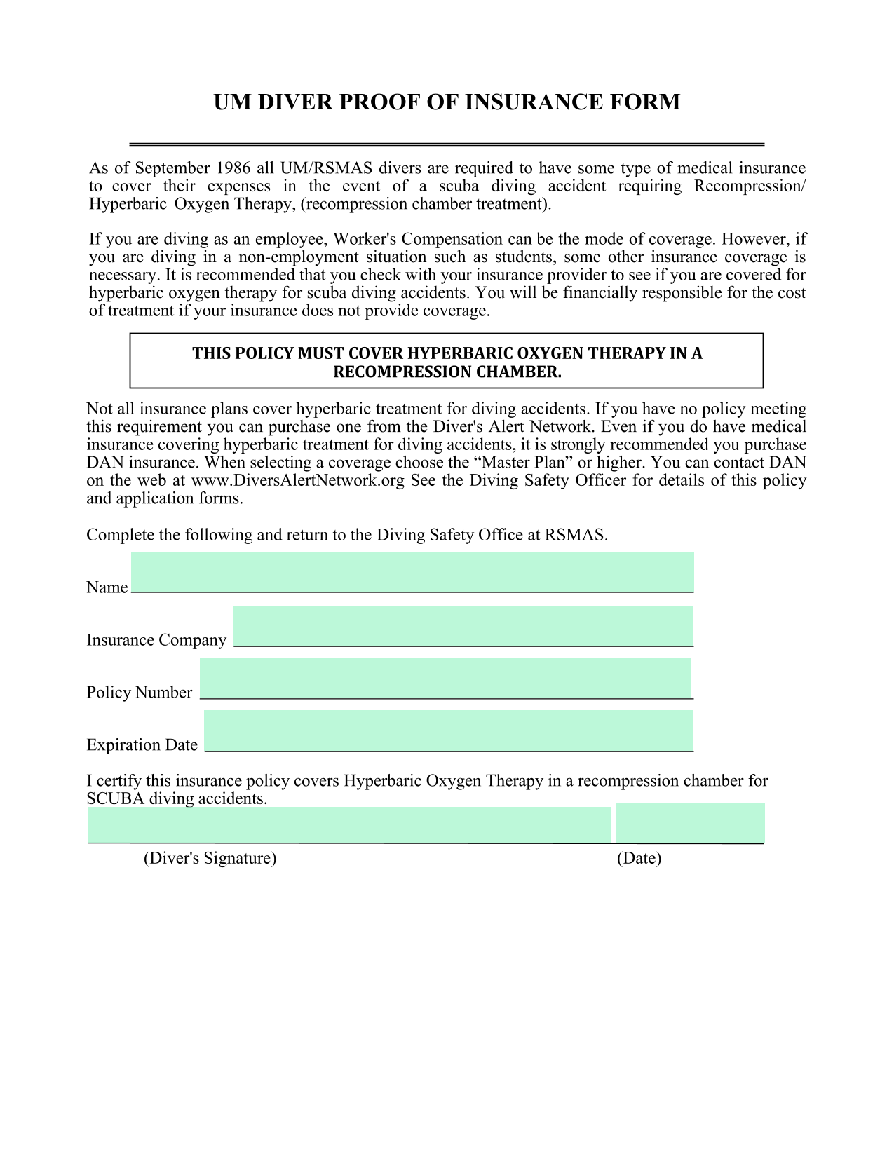 UM Diver Proof Of Insurance Form screenshot