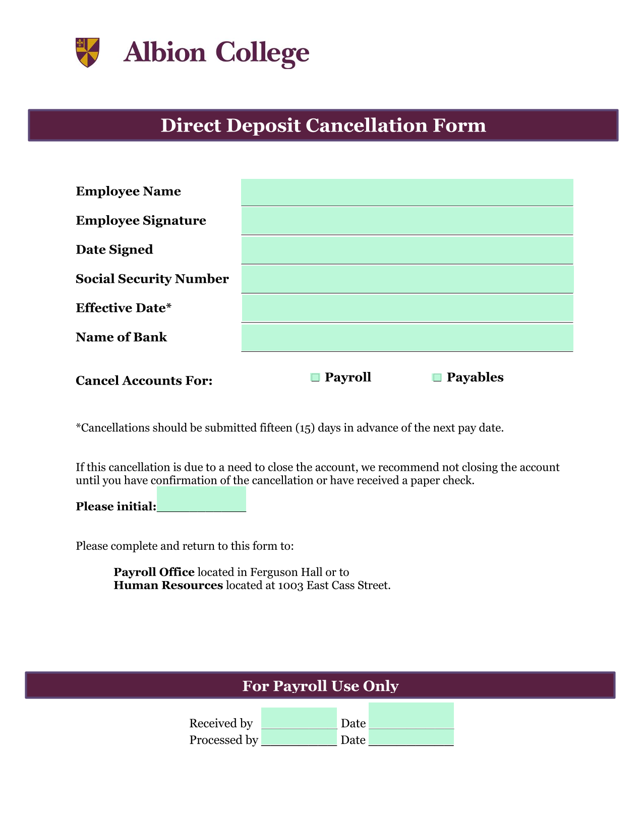 Direct Deposit Cancellation Form screenshot
