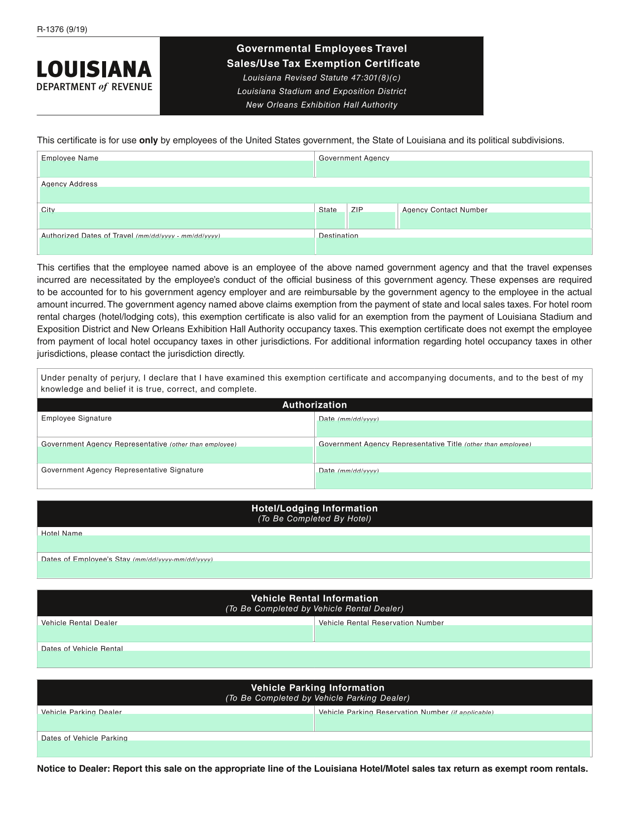 Governmental Employees Travel SalesUse Tax Exemption Certificate screenshot
