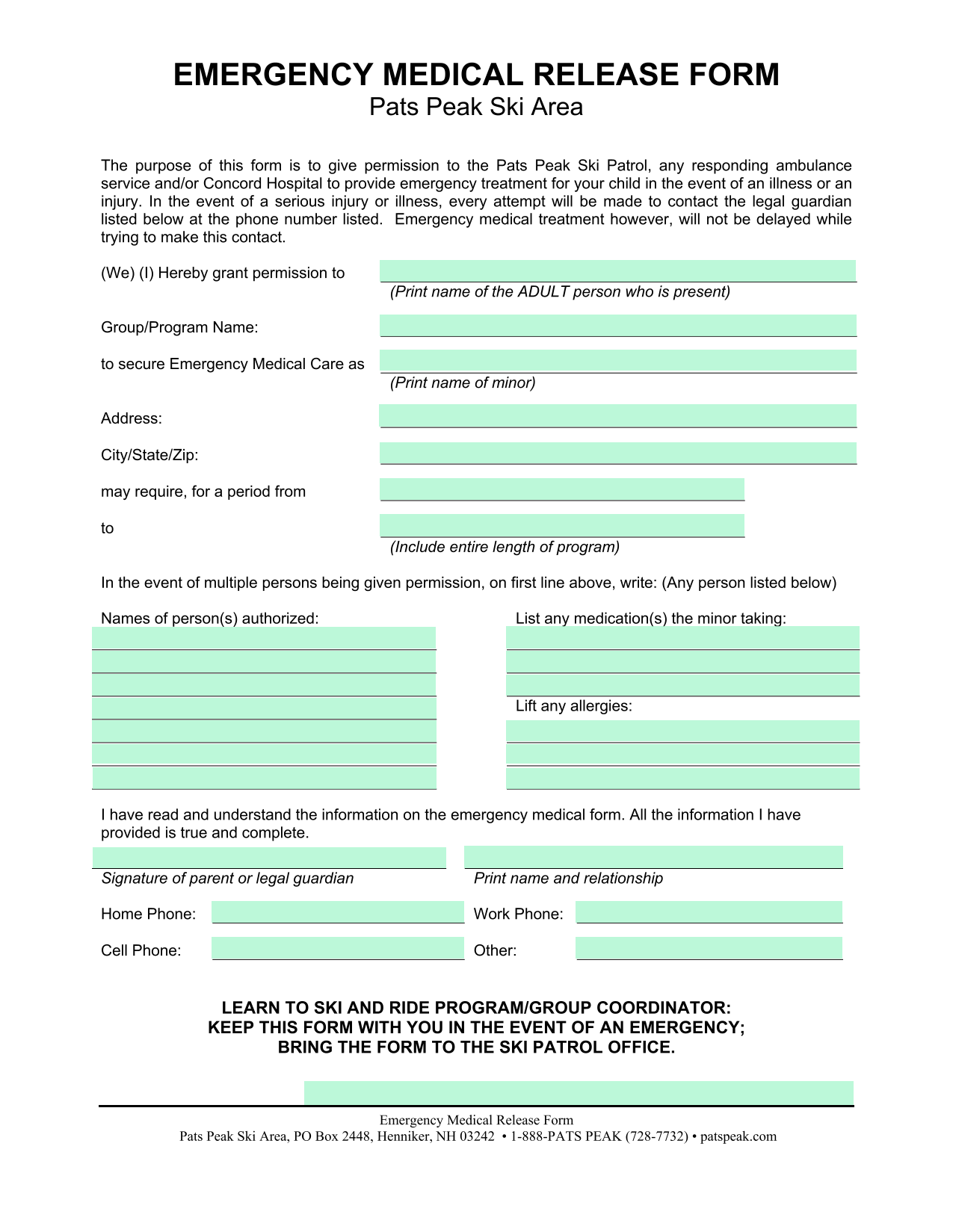 Emergency Medical Release Form screenshot