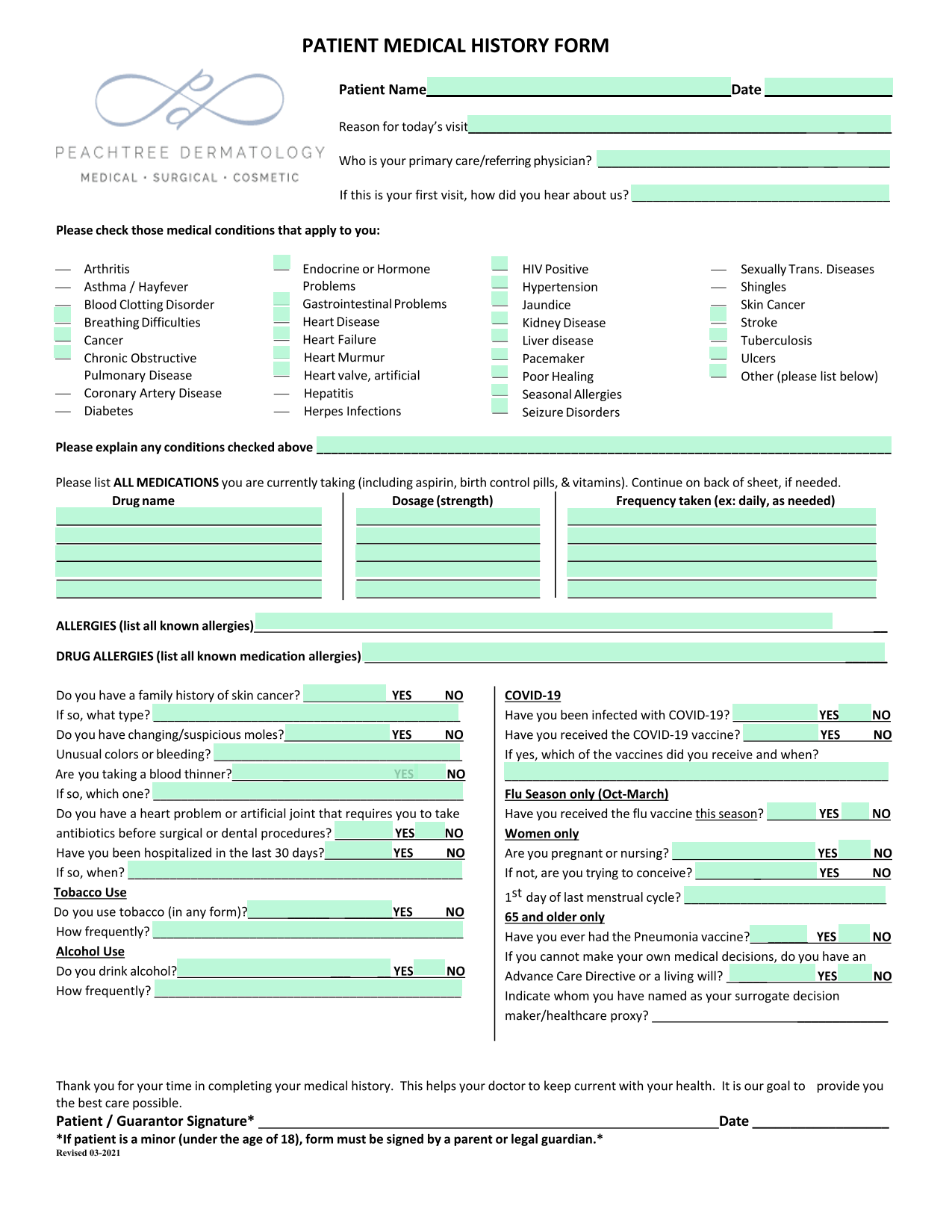 PATIENT MEDICAL HISTORY FORM screenshot
