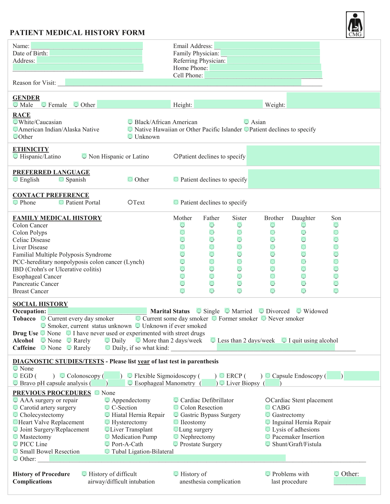 PATIENT MEDICAL HISTORY FORM screenshot