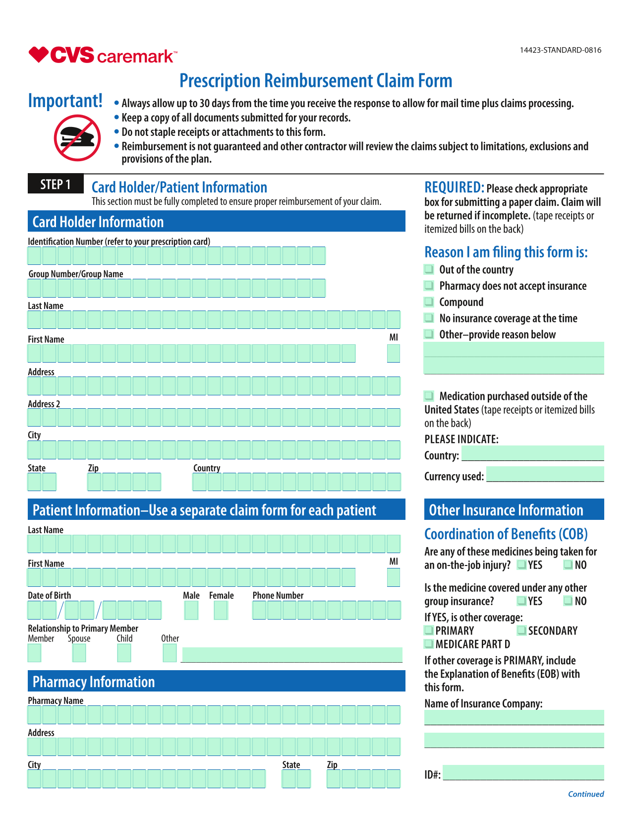 Prescription Reimbursement Claim Form screenshot