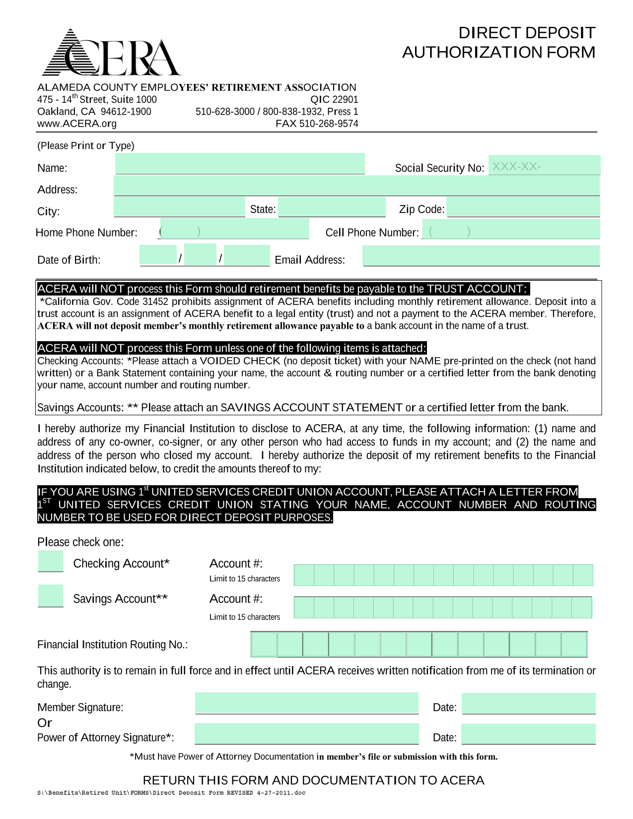 Direct Deposit Authorization Form screenshot