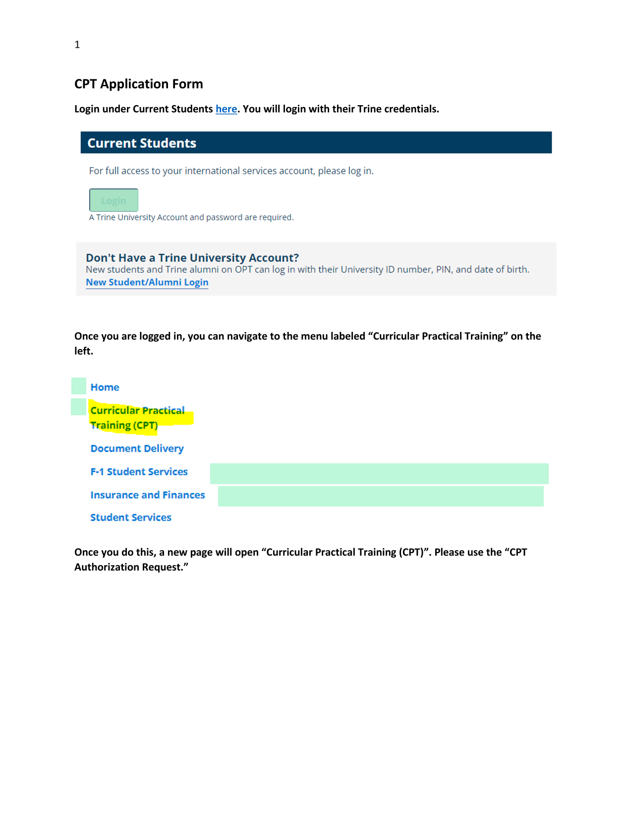 CPT Application Form screenshot