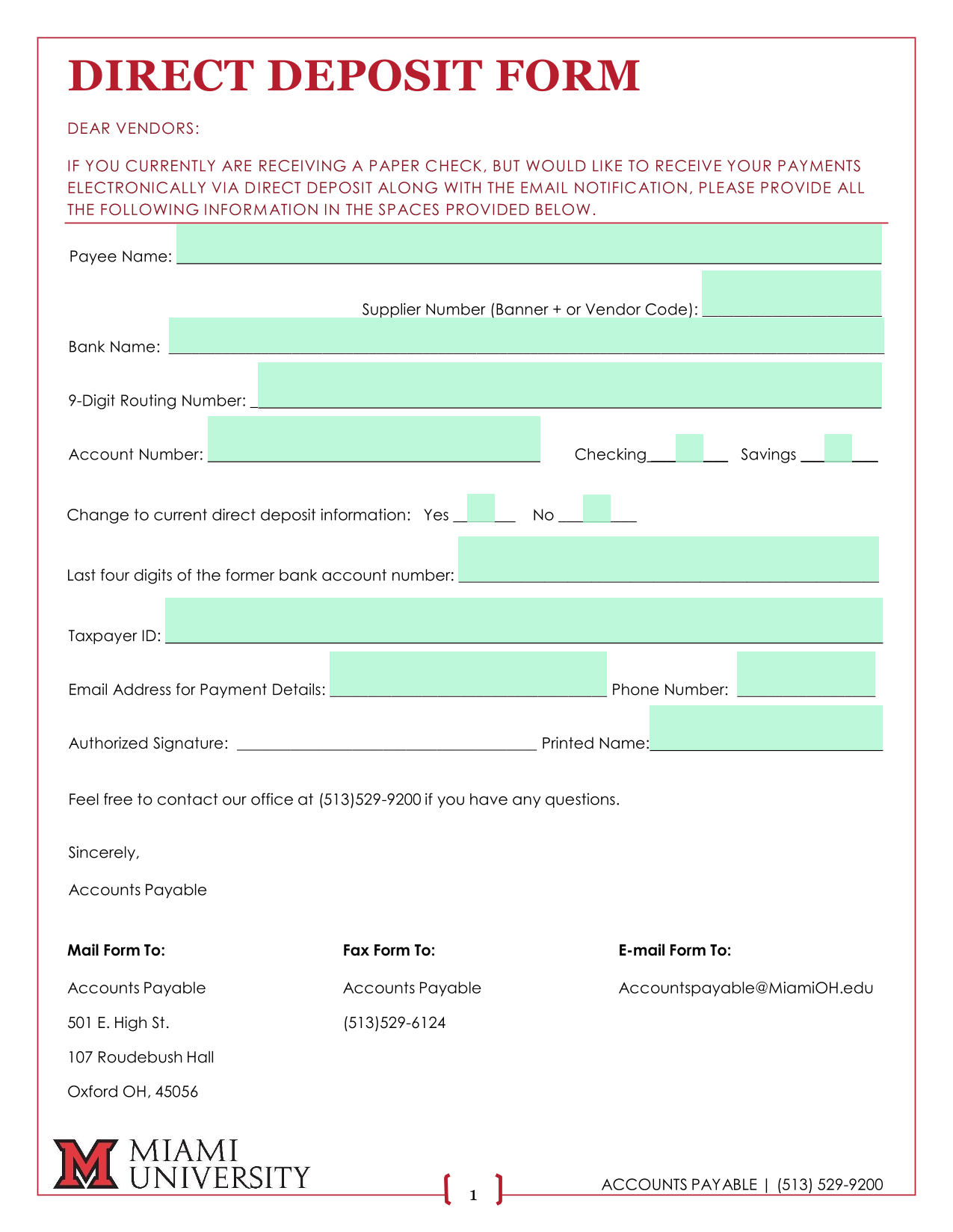 Direct Deposit Form screenshot
