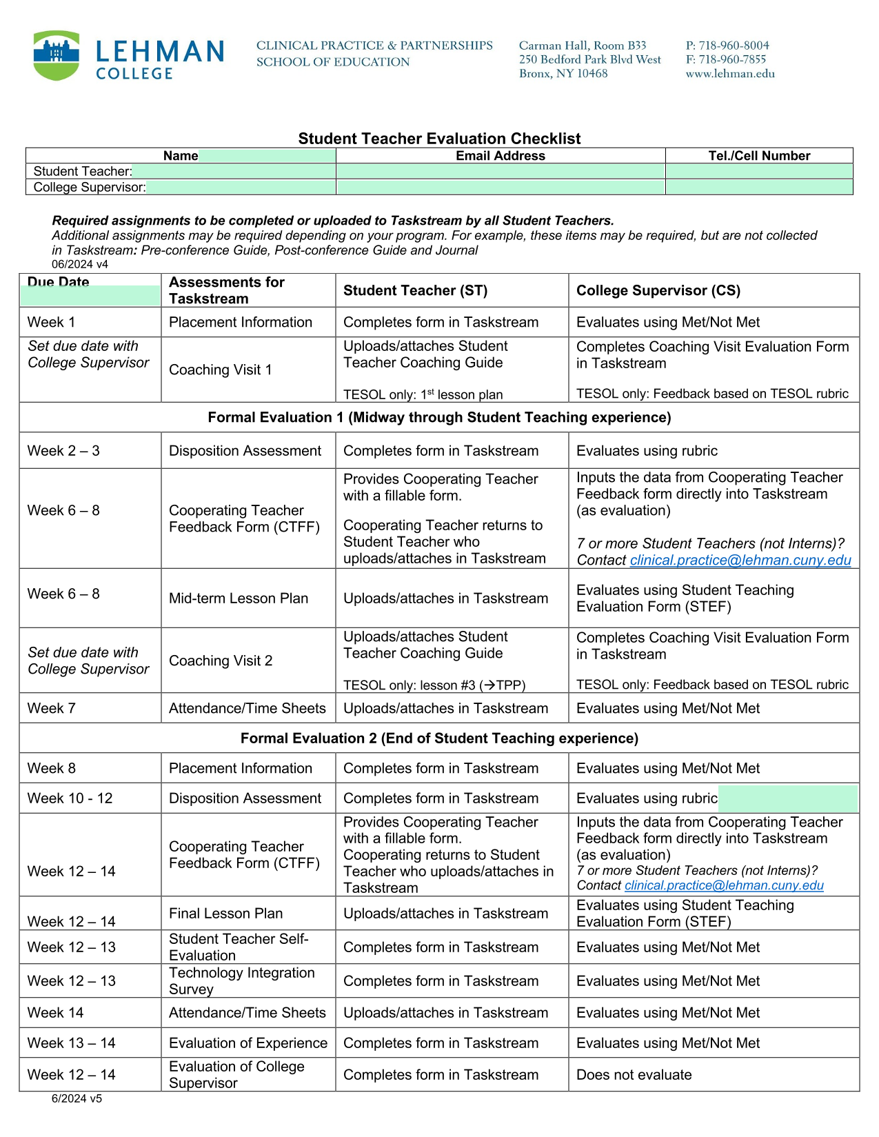 Student Teacher Evaluation Checklist screenshot