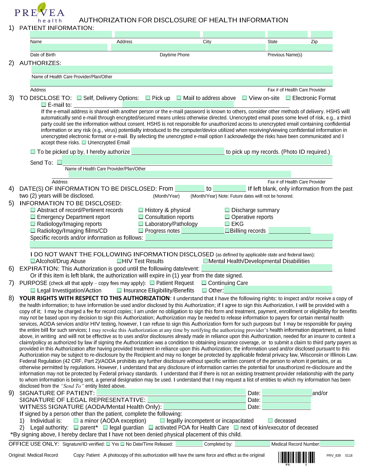 AUTHORIZATION FOR DISCLOSURE OF HEALTH INFORMATION screenshot