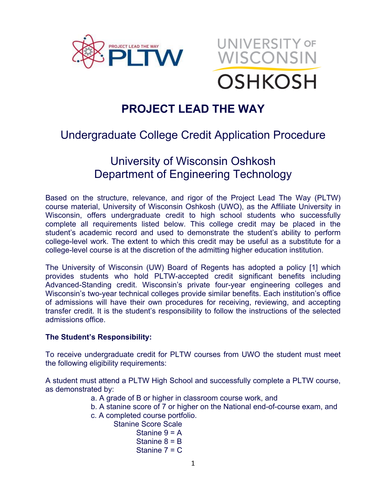 Undergraduate College Credit Application Procedure screenshot
