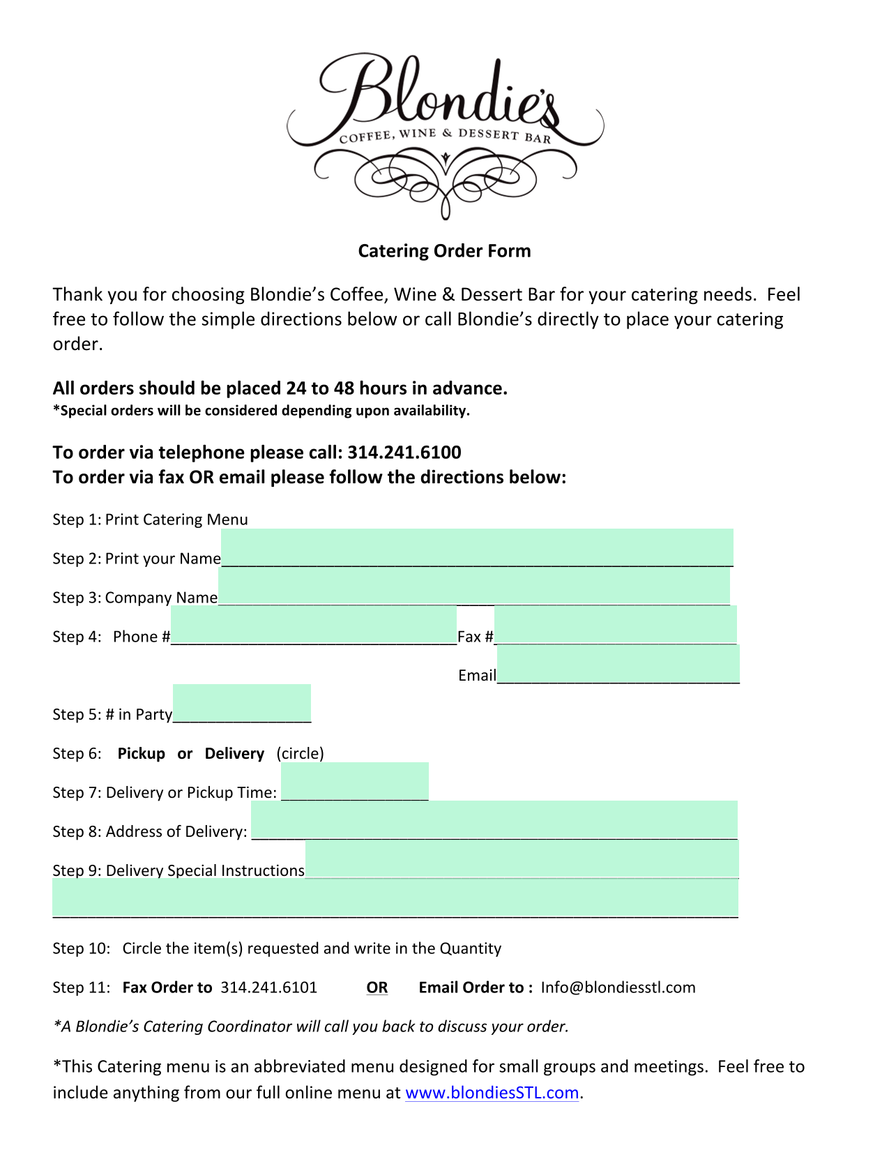 Catering Order Form screenshot