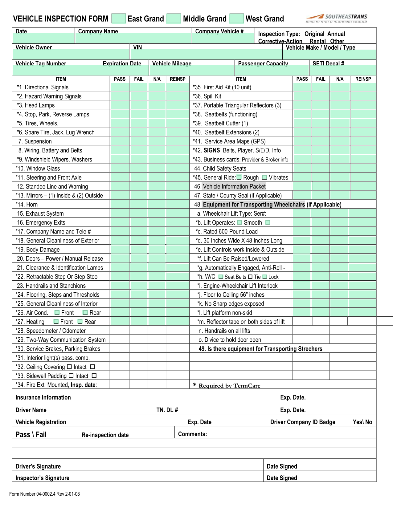 Vehicle Inspection Form screenshot