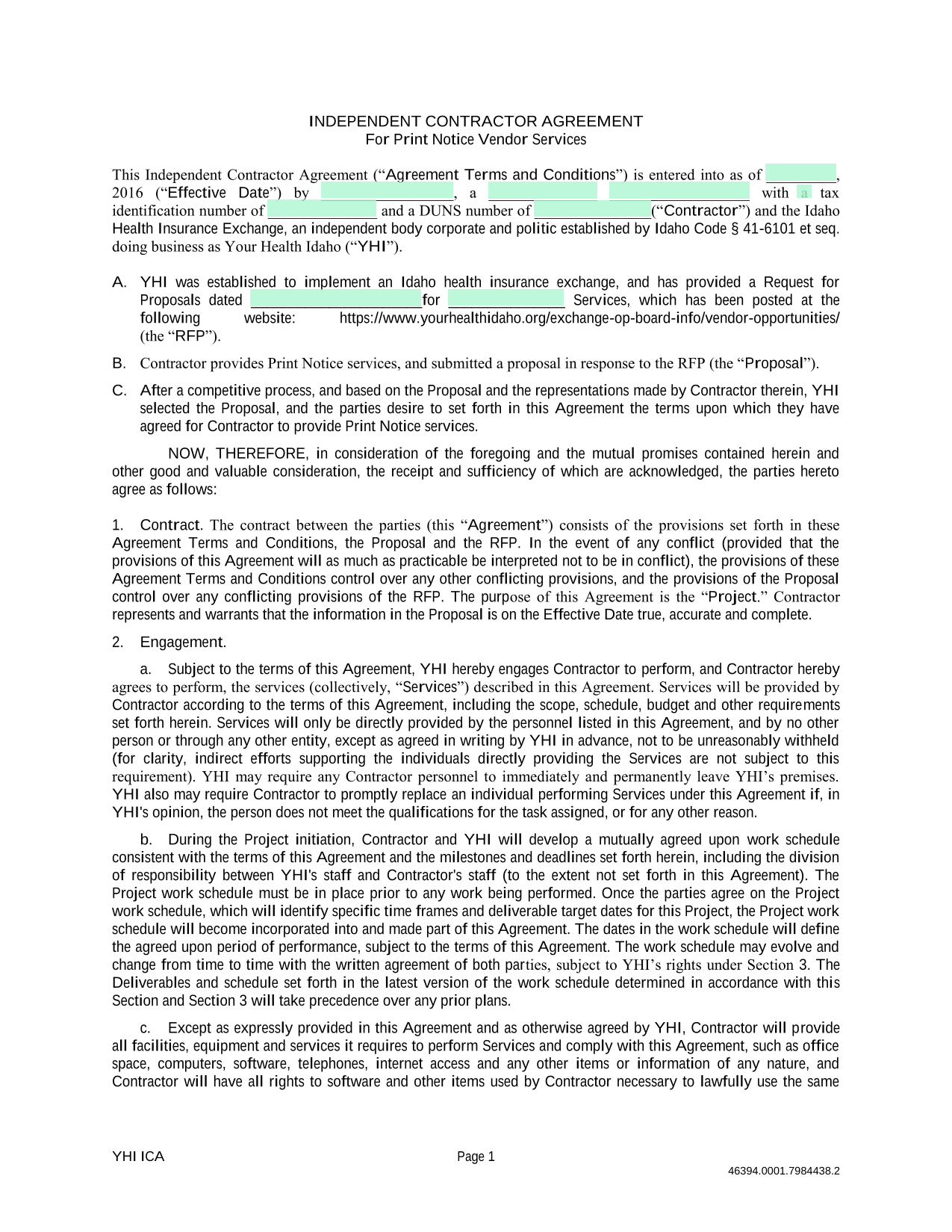 Independent Contractor Agreement screenshot