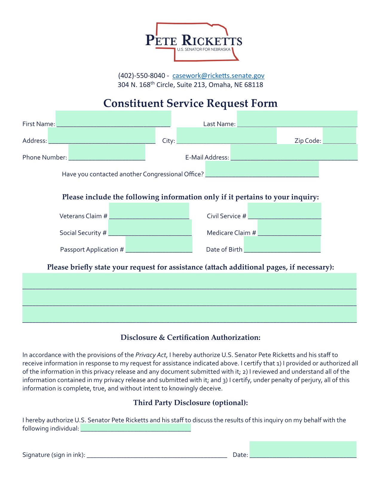 Constituent Service Request Form screenshot