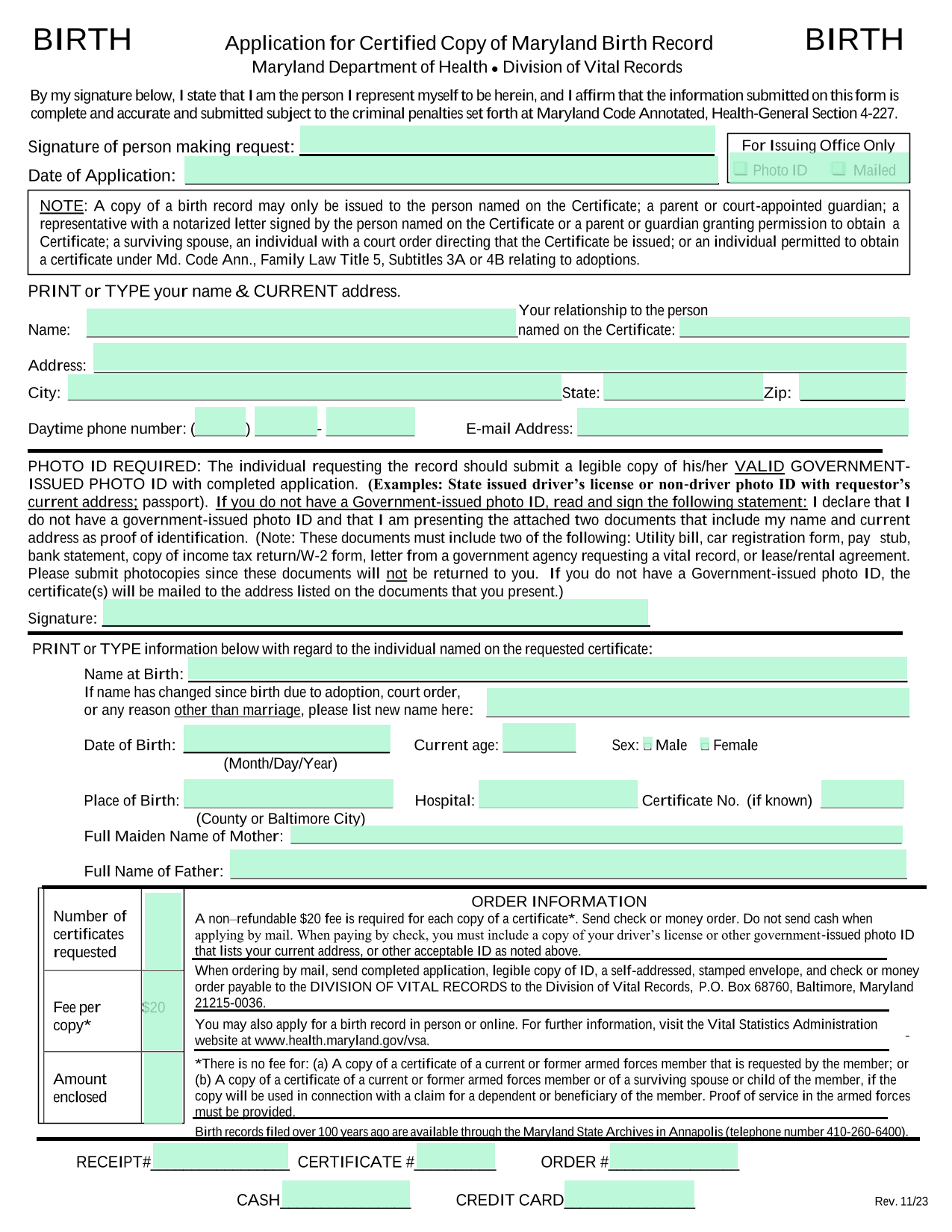 Application For Certified Copy Of Maryland Birth Record screenshot