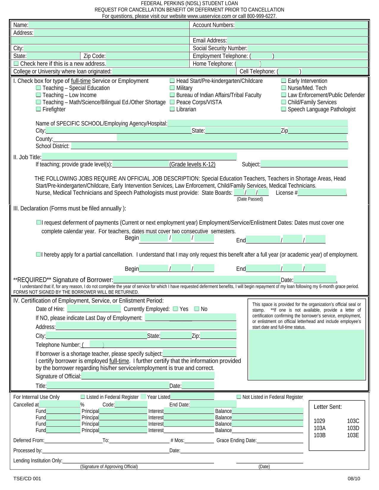 FEDERAL PERKINS (NDSL) STUDENT LOAN REQUEST FOR CANCELLATION BENEFIT OR DEFERMENT PRIOR TO CANCELLAT screenshot
