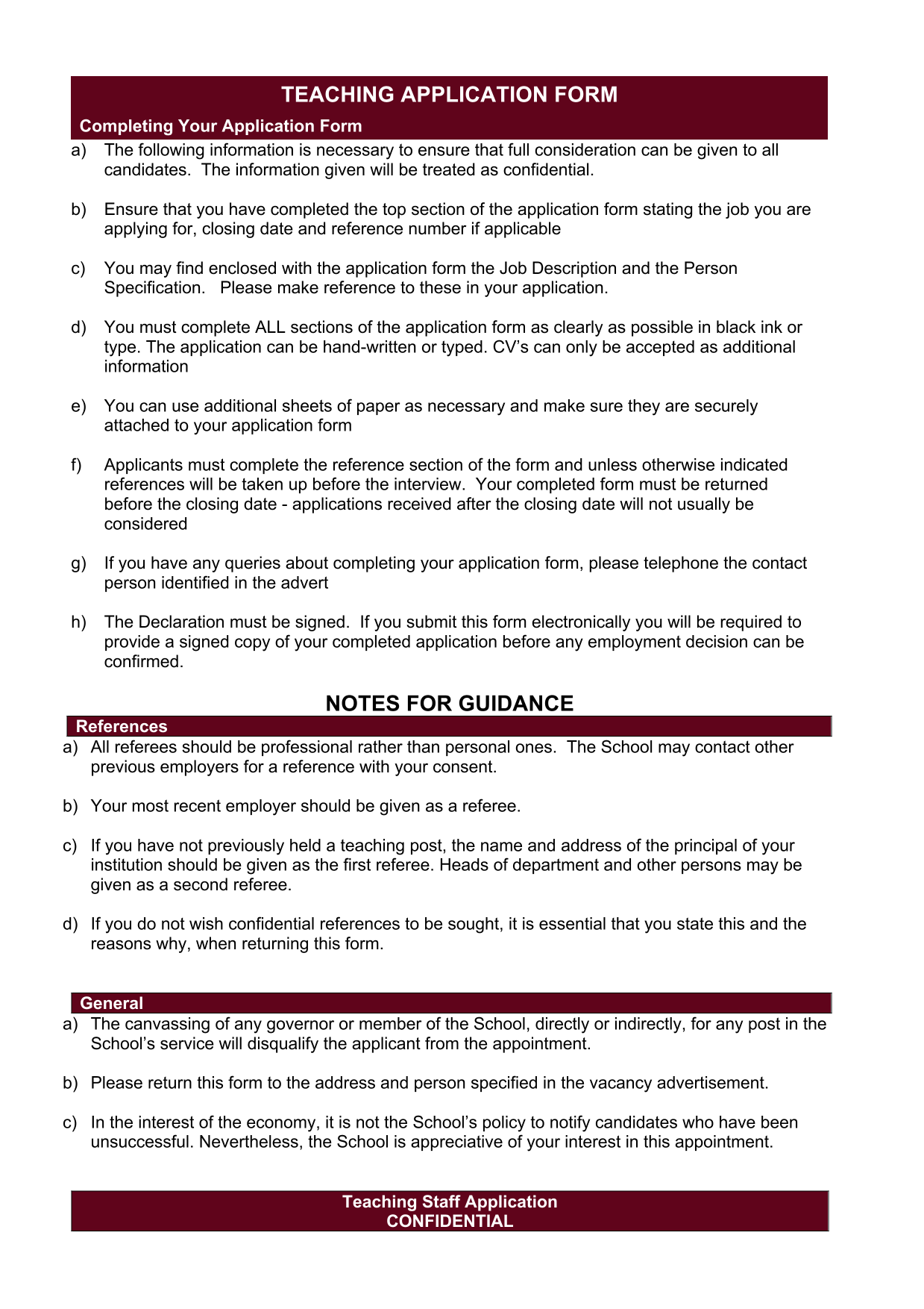 TEACHING APPLICATION FORM screenshot