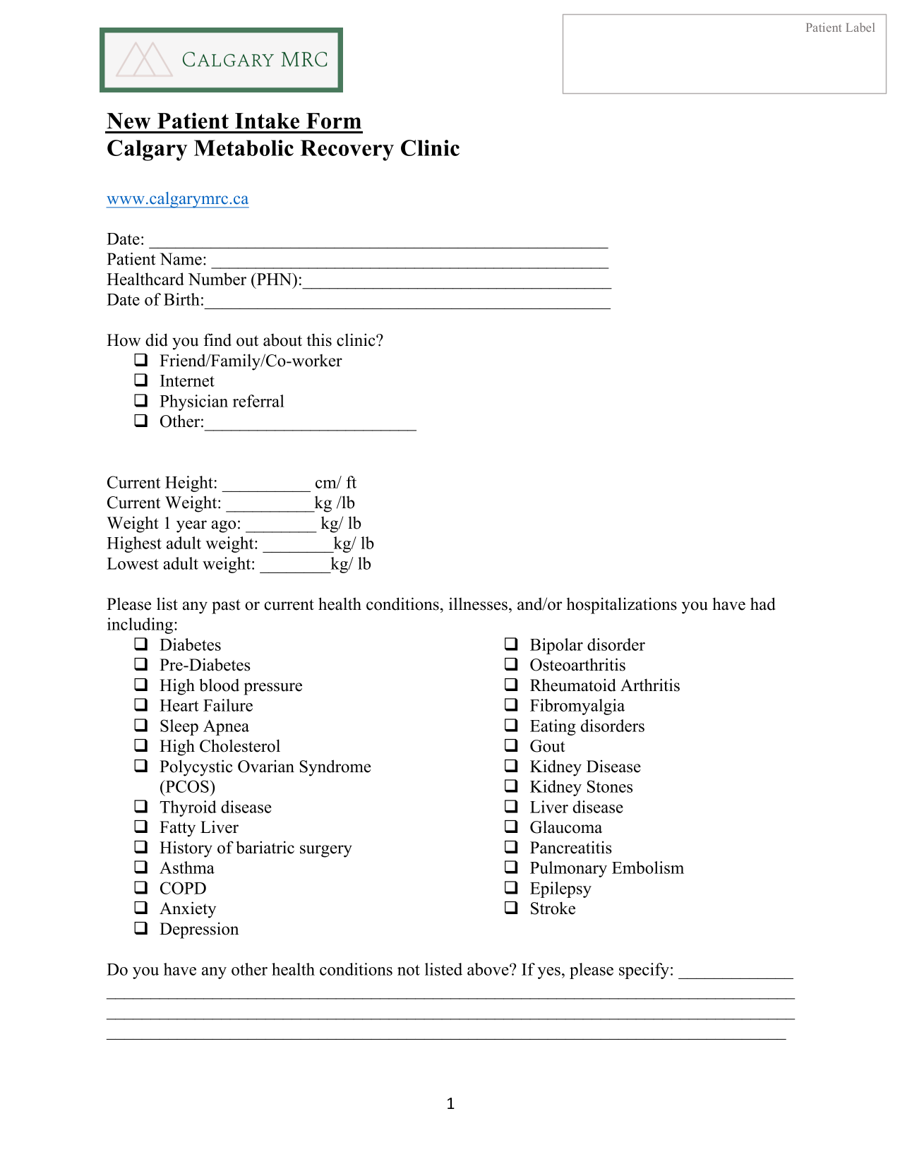 New Patient Intake Form screenshot