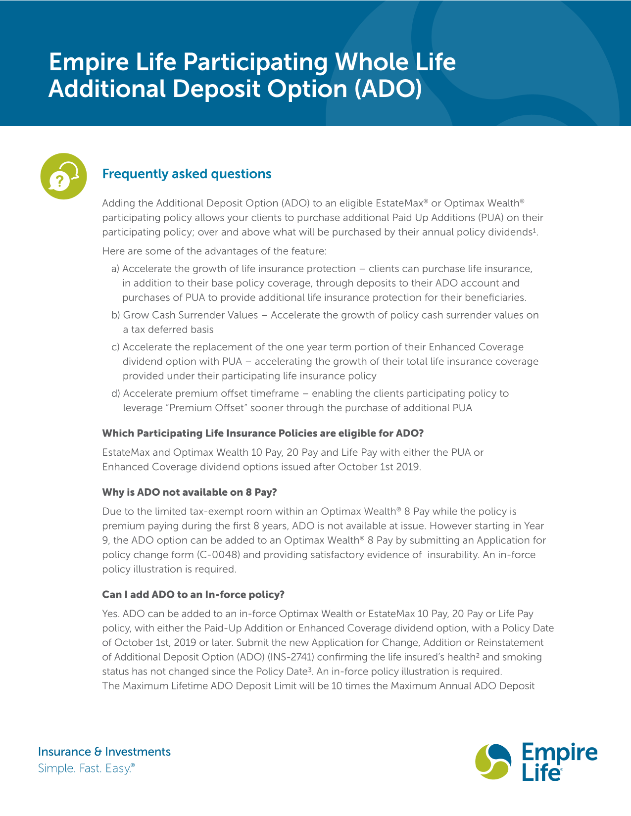 Empire Life Participating Whole Life Additional Deposit Option (ADO) screenshot