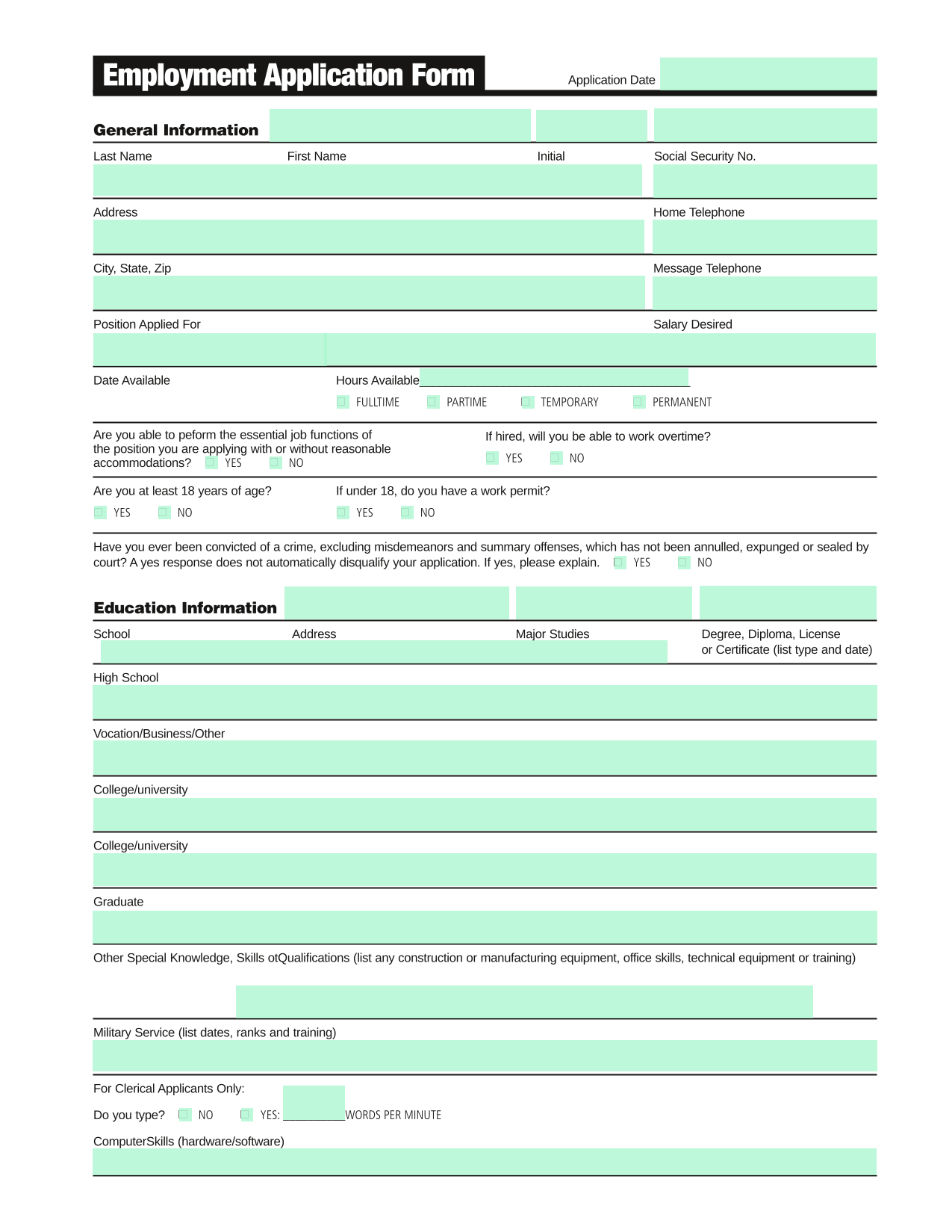 Employment Application Form screenshot