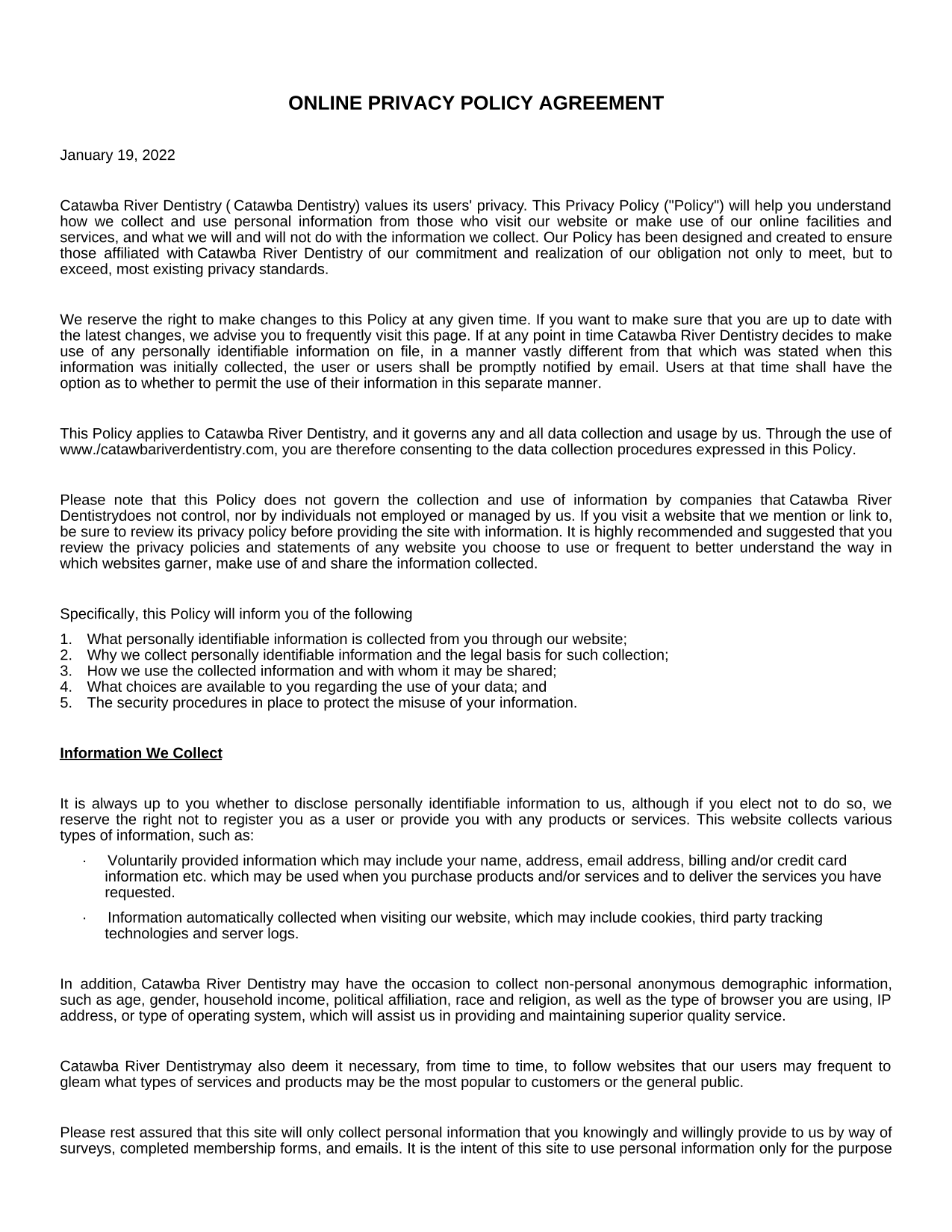 Online Privacy Policy Agreement screenshot