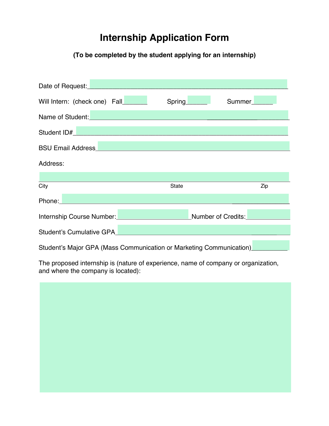 Internship Application Form screenshot