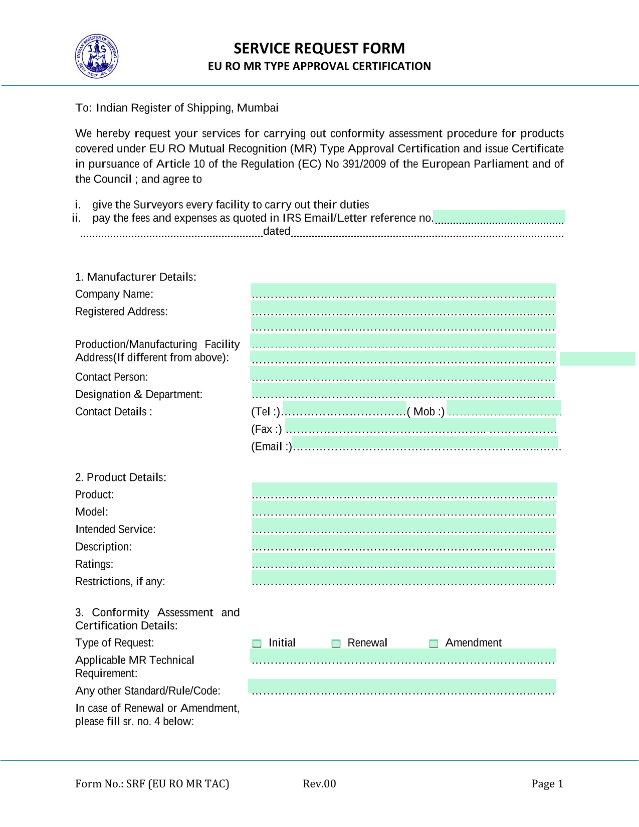 SERVICE REQUEST FORM EU RO MR TYPE APPROVAL CERTIFICATION screenshot
