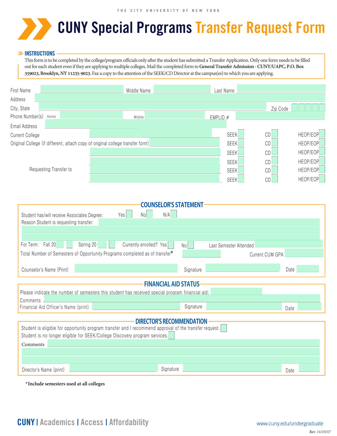 CUNY Special Programs Transfer Request Form screenshot