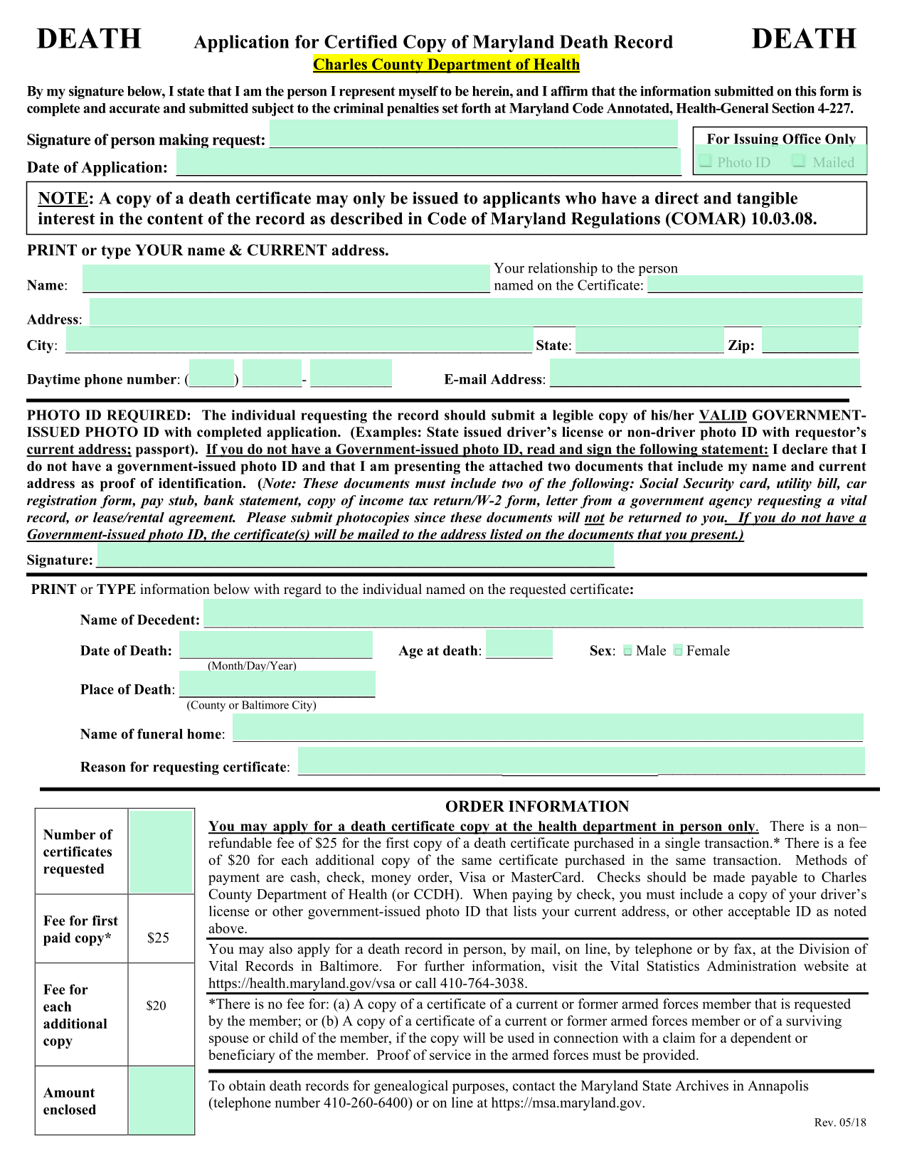 Application For Certified Copy Of Maryland Death Record screenshot