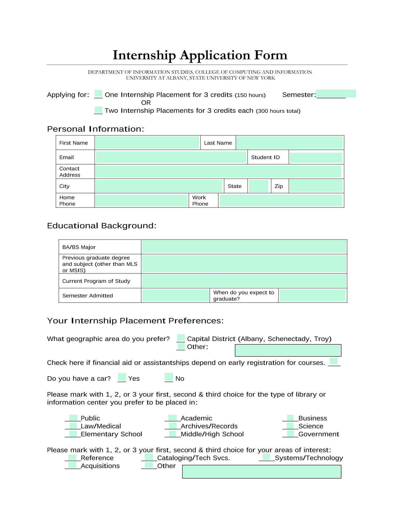 Internship Application Form screenshot
