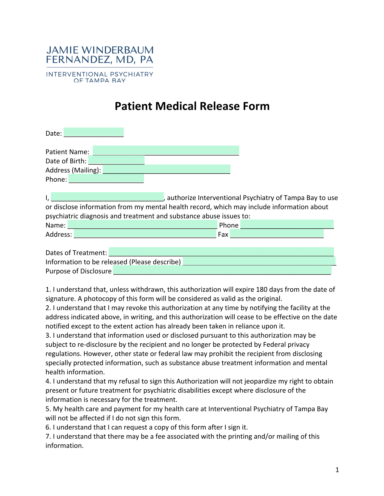 Patient Medical Release Form screenshot
