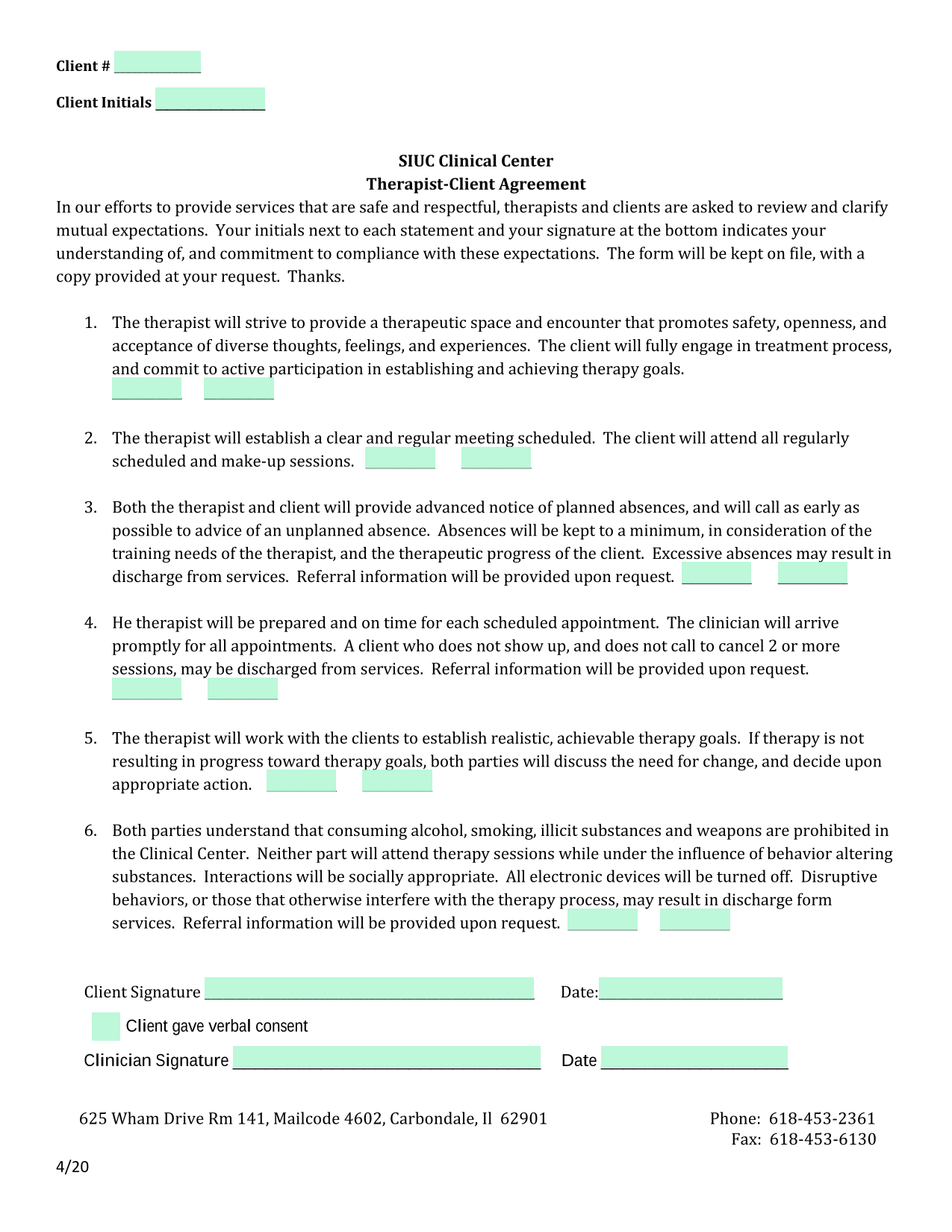 Therapist Client Agreement screenshot