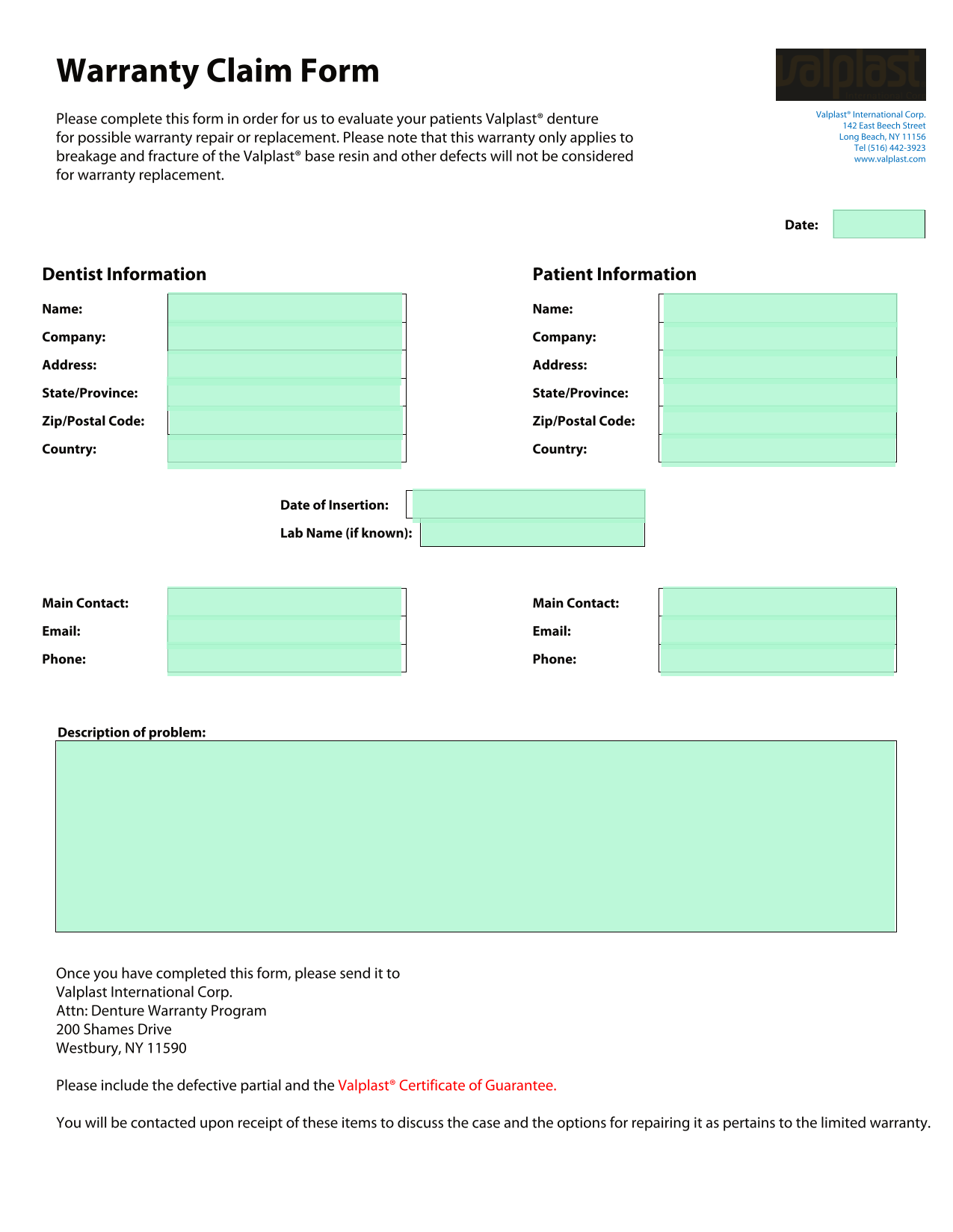 Warranty Claim Form screenshot