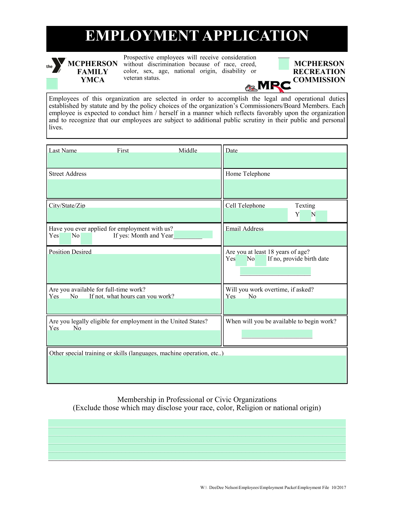 EMPLOYMENT APPLICATION screenshot