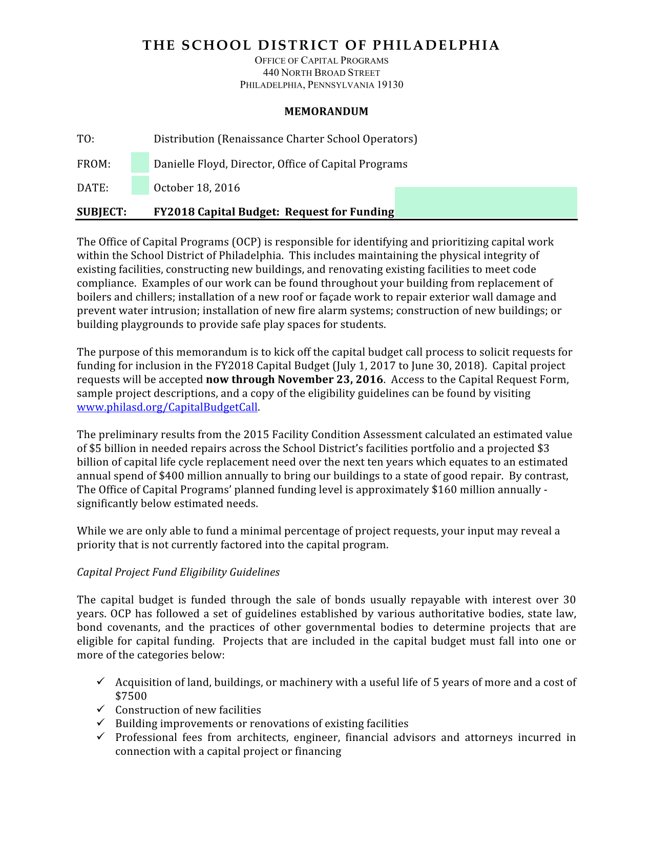 FY2018 Capital Budget Request For Funding screenshot