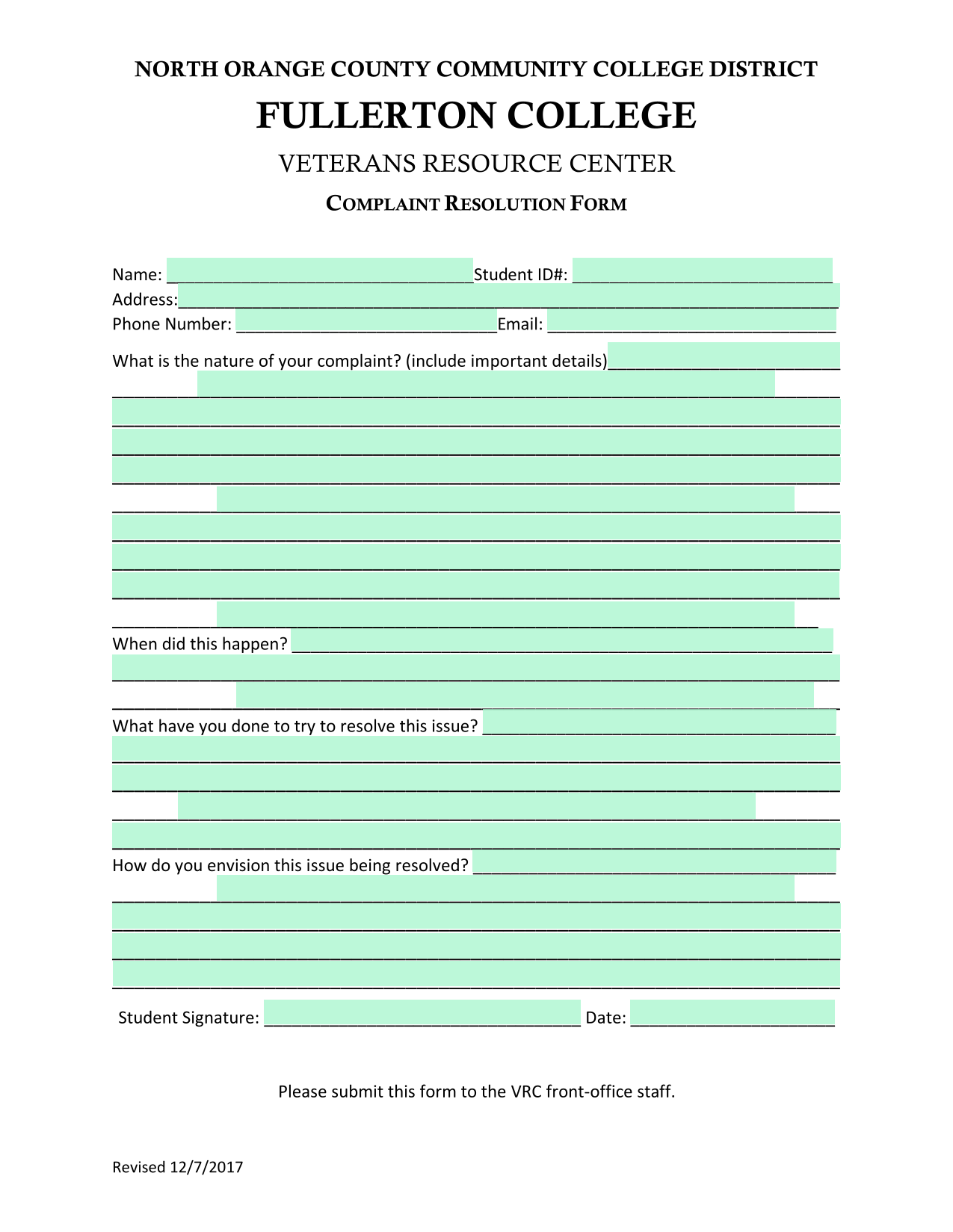 Complaint Resolution Form screenshot