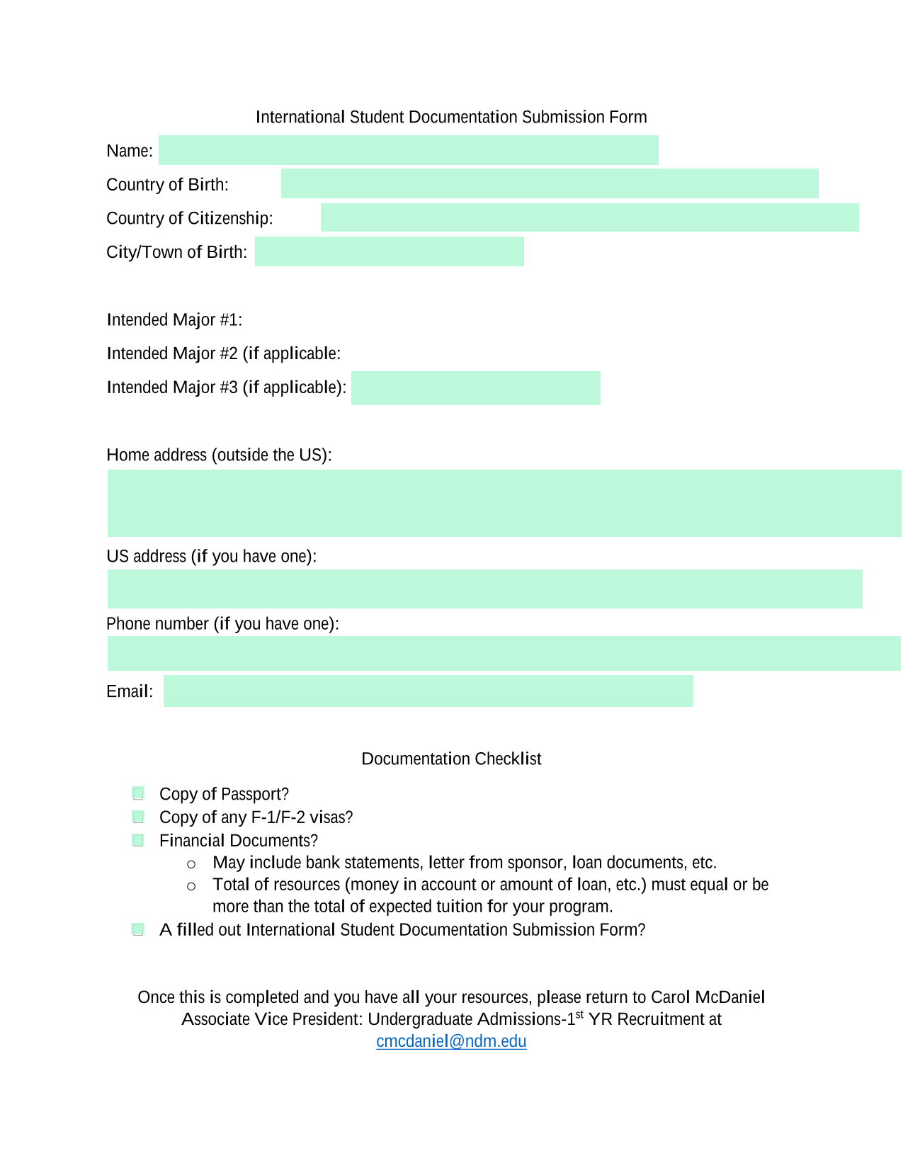 International Student Documentation Submission Form screenshot