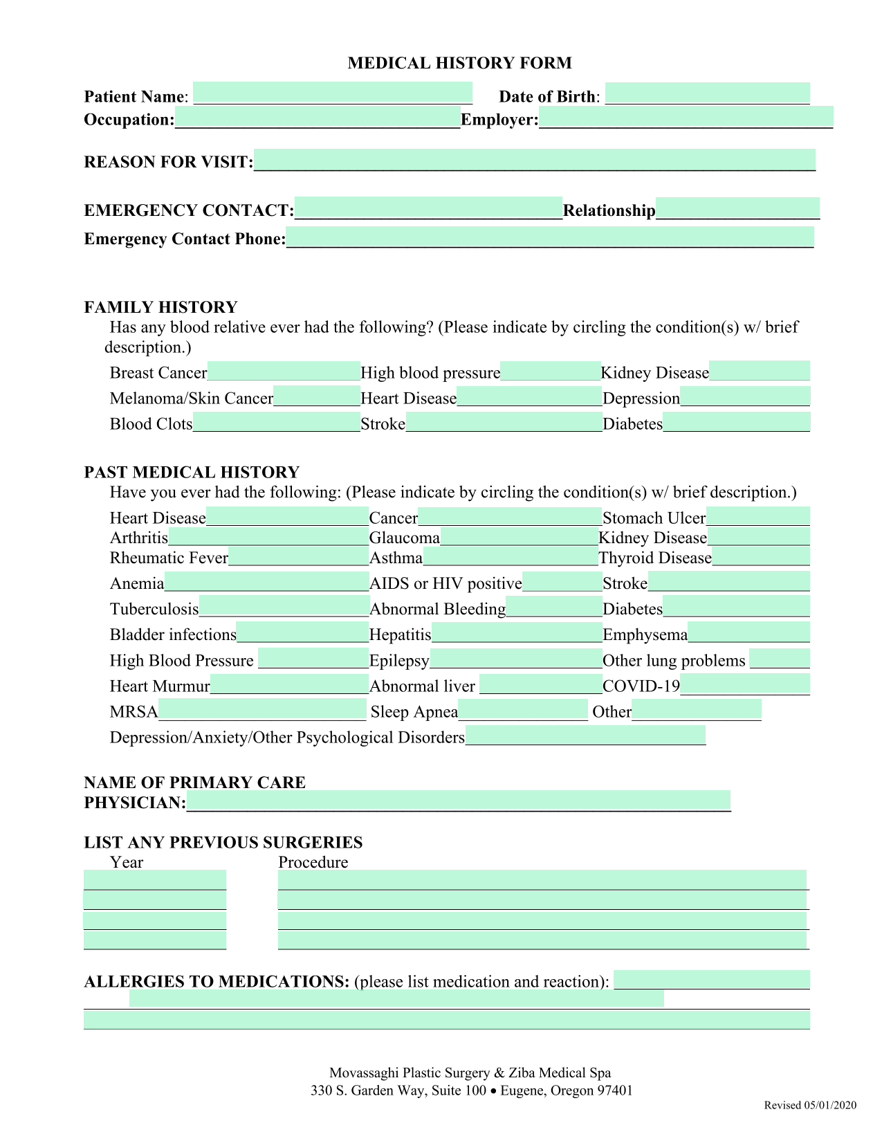 MEDICAL HISTORY FORM screenshot