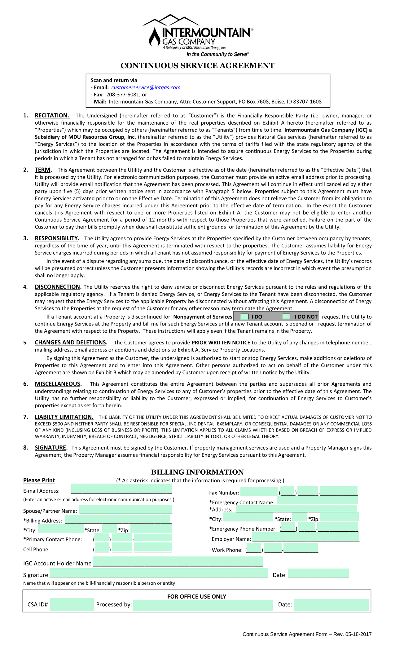 Continuous Service Agreement Form screenshot